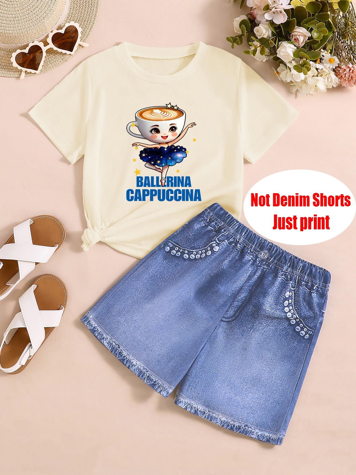 Fashion Two-Piece Set for Girls, Ballerina Cappuccina Print T-Shirt + Denim Shorts, Summer for Kids, Casual Slim Fit Suit