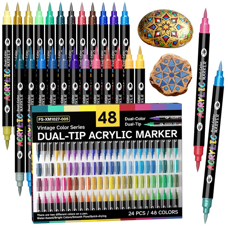 Acrylic Paint Markers, Dual tips Dual Color 24/48/72/144/240 Colors,Acrylic Paint Pens for Rock Painting, Canvas, Wood, Glass, Ceramic, Fabric, Plastic, Egg & Scrapbook. Soft Brush Tips Paint Pens and Paint Markers