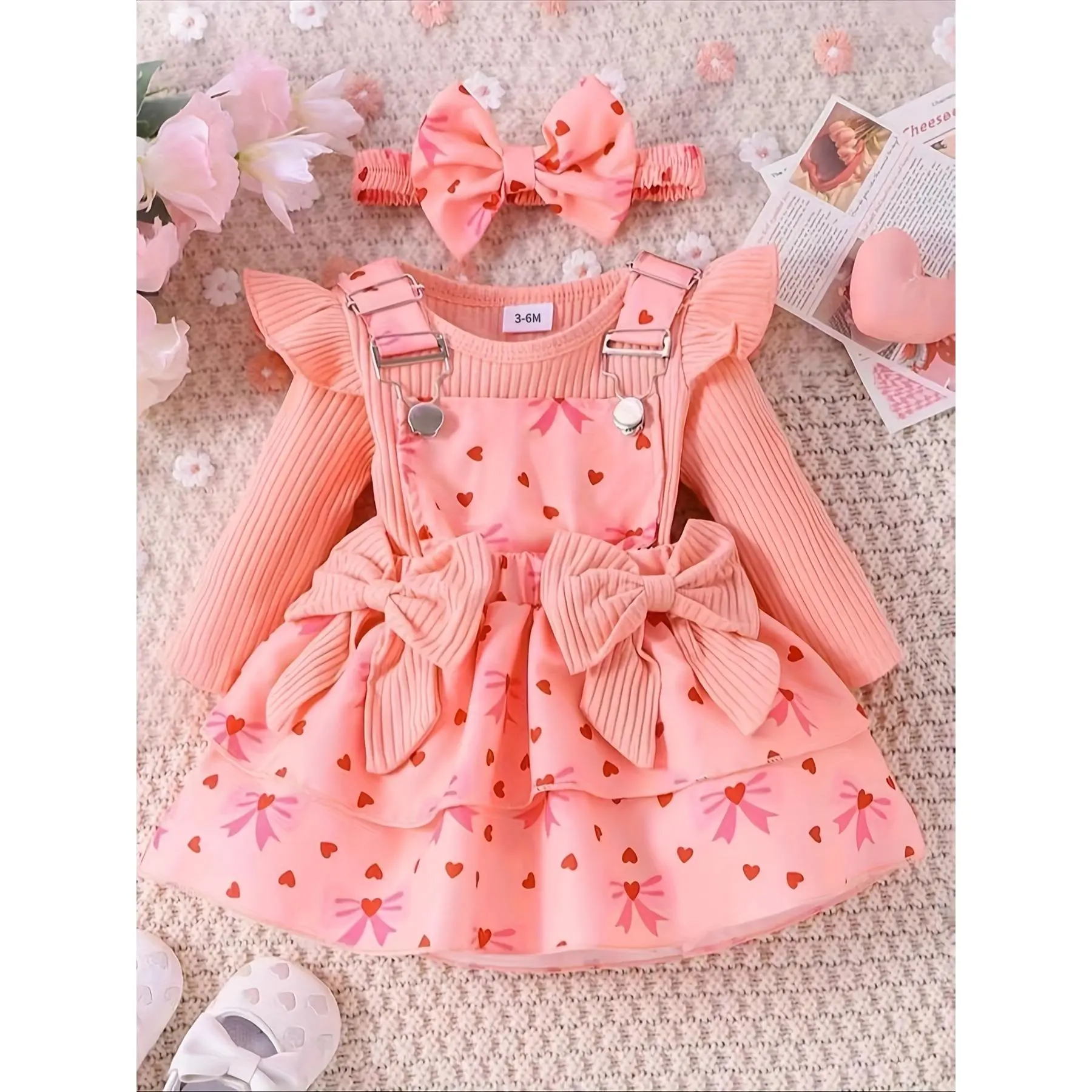 Girls' Pink Top + Bow Heart Suspender Dress + Hair Accessory Three-Piece Set P101687, Perfect for Outdoor