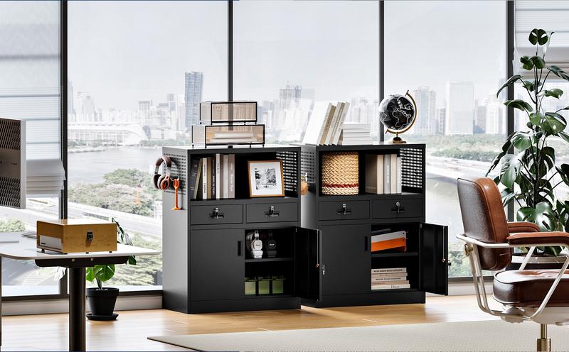 Yizosh Metal Storage Cabinet with 2 Drawers and Locking Doors,- 41.3" Steel Lockable Storage Cabinet with Shelves for Home Office,Garage,School (Black)