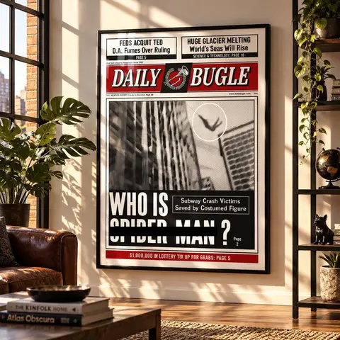 Vintage Superhero Newspaper Poster, Retro Comic Book Movie Style Wall Art, Classic Graphic Print for Bedroom Living Room, Nostalgic Comic Poster, Bold Pop Art Decor, Vintage Superhero Artwork