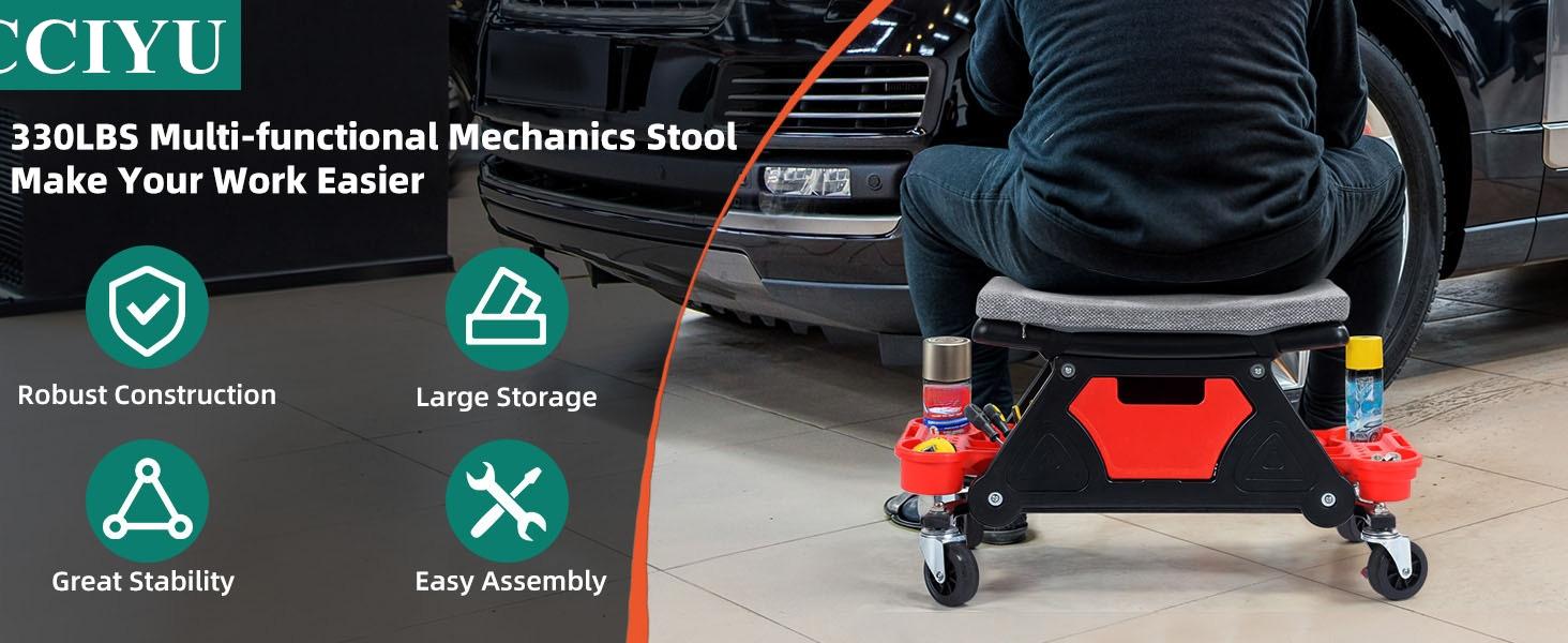 CCIYU Mechanics Stool, 300 LBS Capacity Rolling Mechanic Seat with 4" Wheels, with Three Slide Out Tool Trays and Drawer Home Repairing Kit