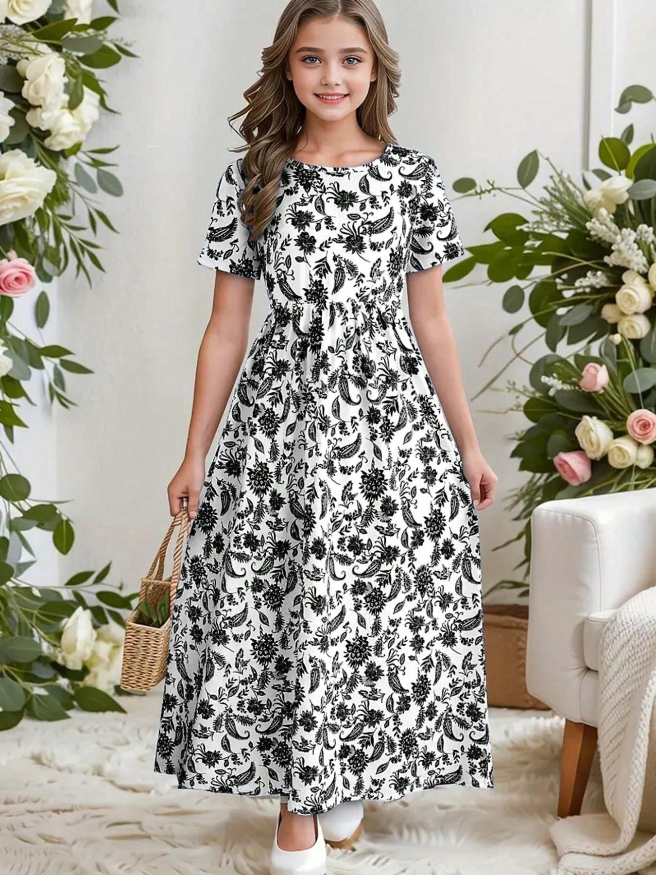 Boho Bohemian Style Paisley Full Print Short Sleeve Midi Dress, Girls' Holiday Casual Dress, Summer Gift, Fitted Leaf Pattern Dress