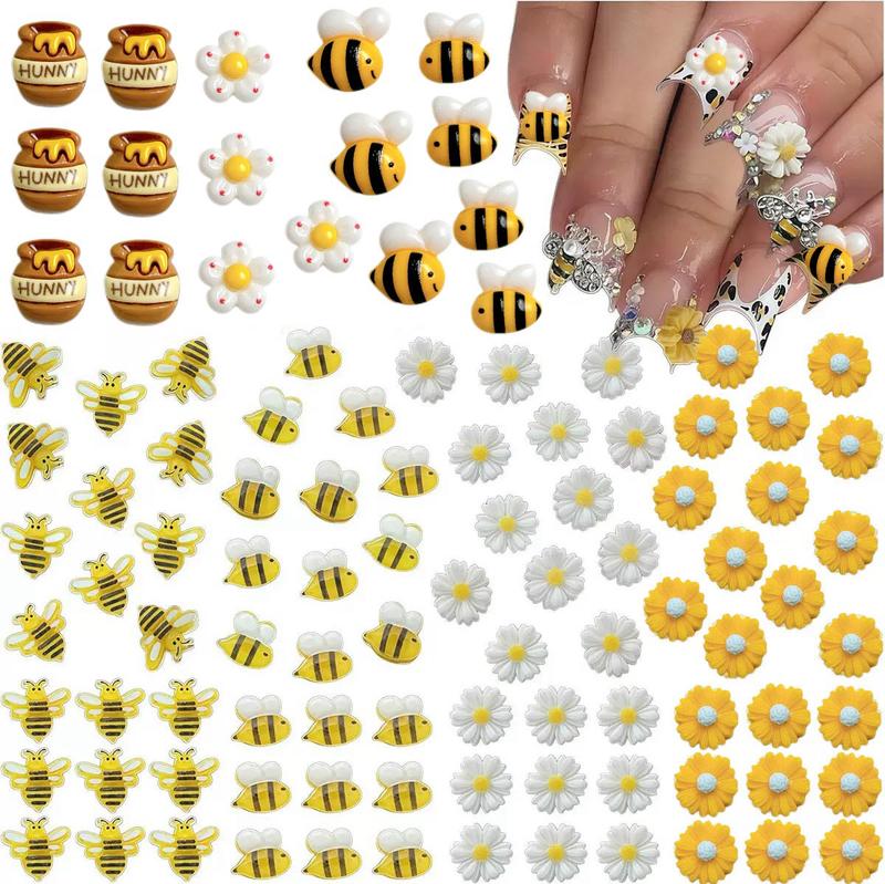100PCS Cartoon Resin Bee Flower Nail Charms 3D Kawaii Creative Honey Can Nail Decors DIY Keyboard Phone Case Nail Ornaments