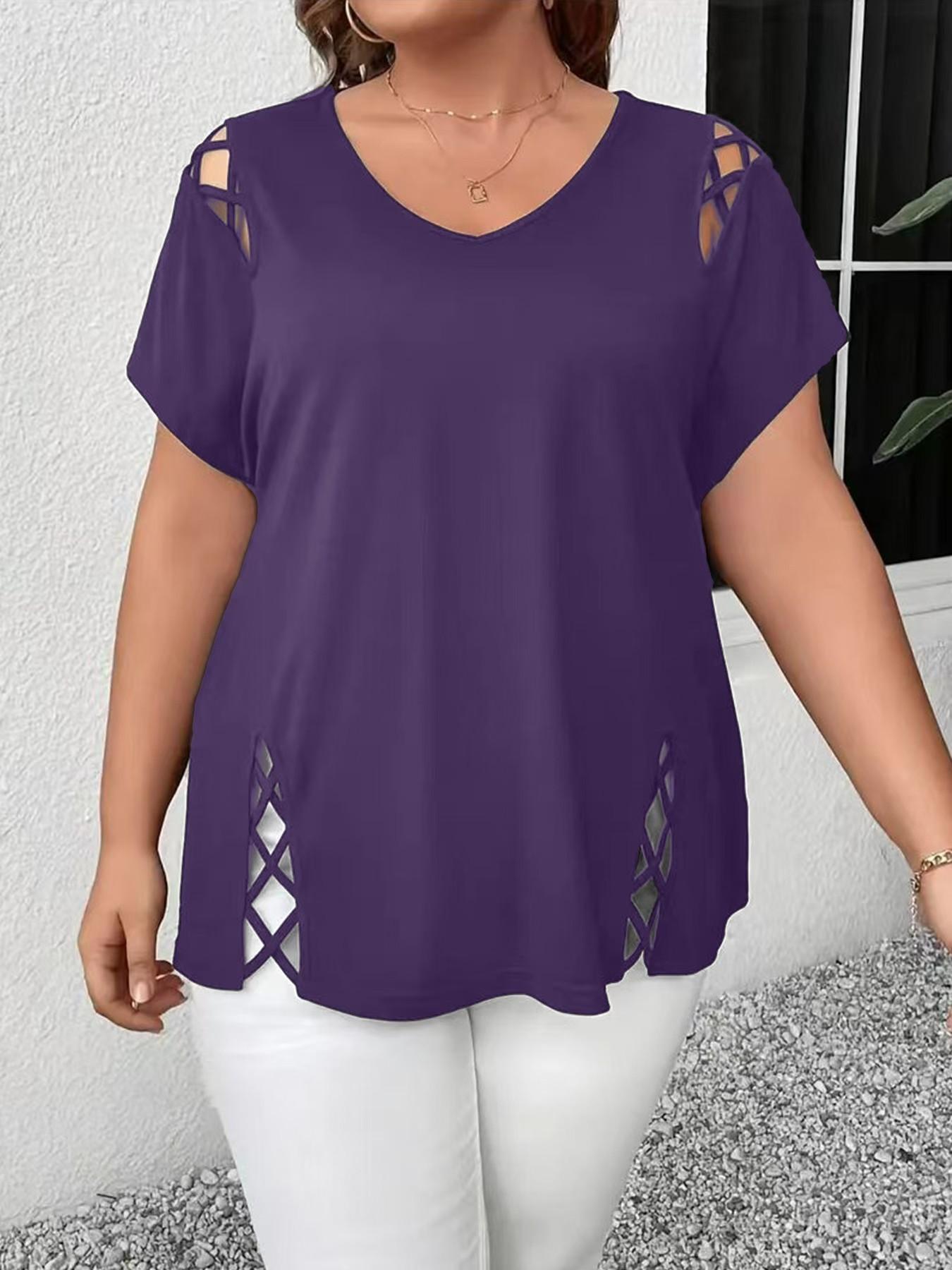 Women's V Neck Hollow Out Short Sleeve Top Blouse, Lightweight Loose Blouses, Loose Fit Basic Casual Summer Fashion, Comfortable Daily Wear Tee for Women Womenswear Women's V Neck Hollow Out Short Sleeve Top Blouse, Lightweight Loose Blouses, Loose Fit Basic Casual Summer Fashion, Comfortable Daily Wear Tee for Women Womenswear