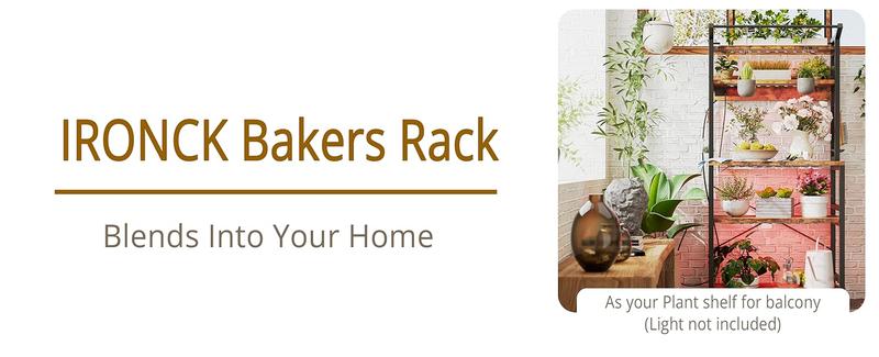 IRONCK Bakers Rack with Power Outlet, Microwave Stand with Storage, Coffee bar with 9 Hooks, 5 Tier Large Storage Capacity and Strong Metal Material for Kitchen, Vintage Brown Easy to Assemble