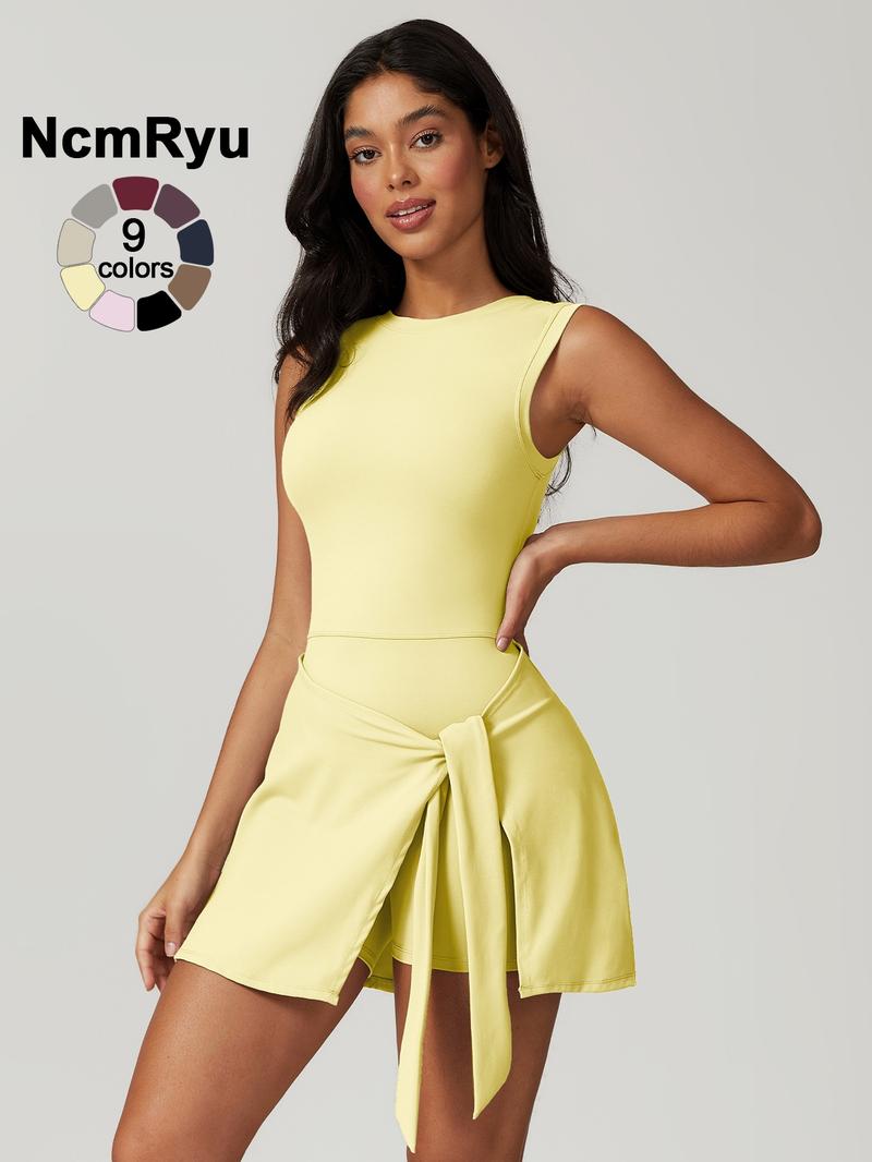 Women's sleeveless plain weave mid stretch flat shoulder beautiful back split strap integrated yoga skirt pants  outdoor sports hiking tennis cycling Pilates jumpsuit  summer new comfortable lace up jumpsuit pants Fitness Sport Outfits