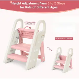 Foldable Toddler Step Stool  Bathroom Sink, Adjustable 3 Step Stool  Kids Toilet Potty Training Stool with Handles, Child Kitchen Counter Stool Helper, Plastic Ladder  Toddlers Pink