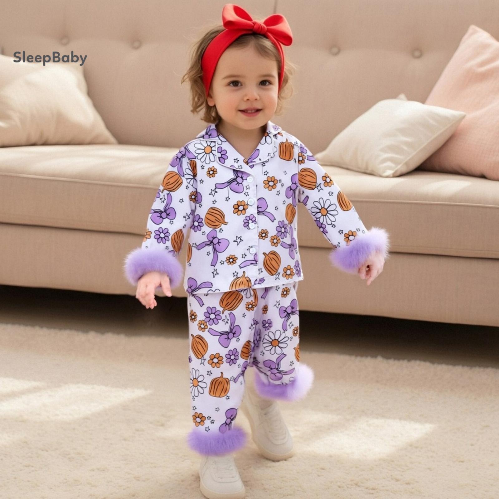 Halloween Cute Cartoon Ghost Pumpkin Print Kids Halloween Satin Pjs 2 Colors Pink Purple Fluffy Fur Cuff Lapel Long Sleeve Two Piece Toddler Girls Daily Holiday Matching Sleep Set