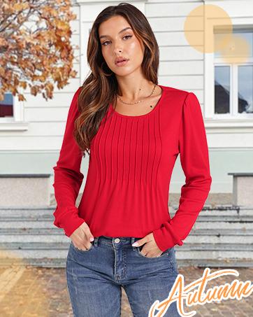 WIHOLL Long Sleeve Shirts for Women Fall Tops Dressy Casual Blouses Pleated Scooped Neck Tunic Tops for Leggings WIHOLL Long Sleeve Shirts for Women Fall Tops Dressy Casual Blouses Pleated Scooped Neck Tunic Tops for Leggings