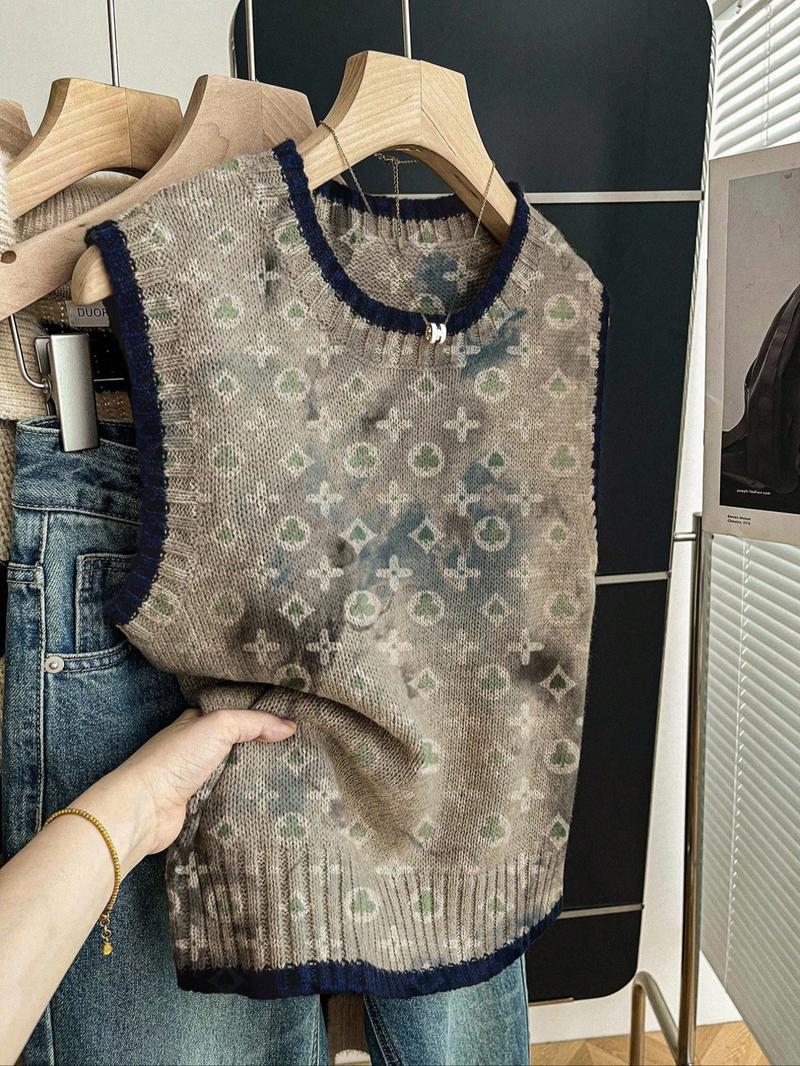 Women's Casual Loose-Fitting Round Neck Sleeveless Knit Top, Colorblock Deep Blue Edge Clover Print, Fall Winter