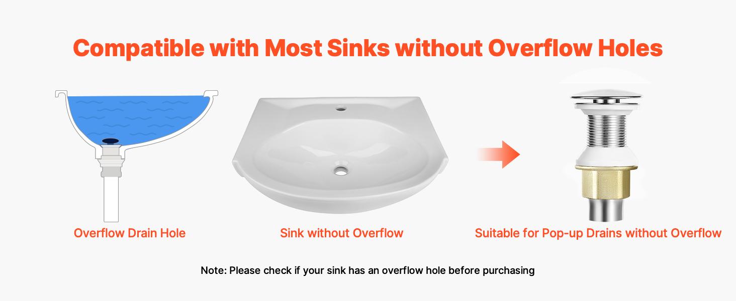 VEVOR Bathroom Sink Drain Without Overflow, Brass and 304 Stainless Steel Pop Up Drains, Anti-Clogging Vessel Drain Strainer, All Metal Hair Catcher Drains Stopper, for Sinks Without Overflow Holes