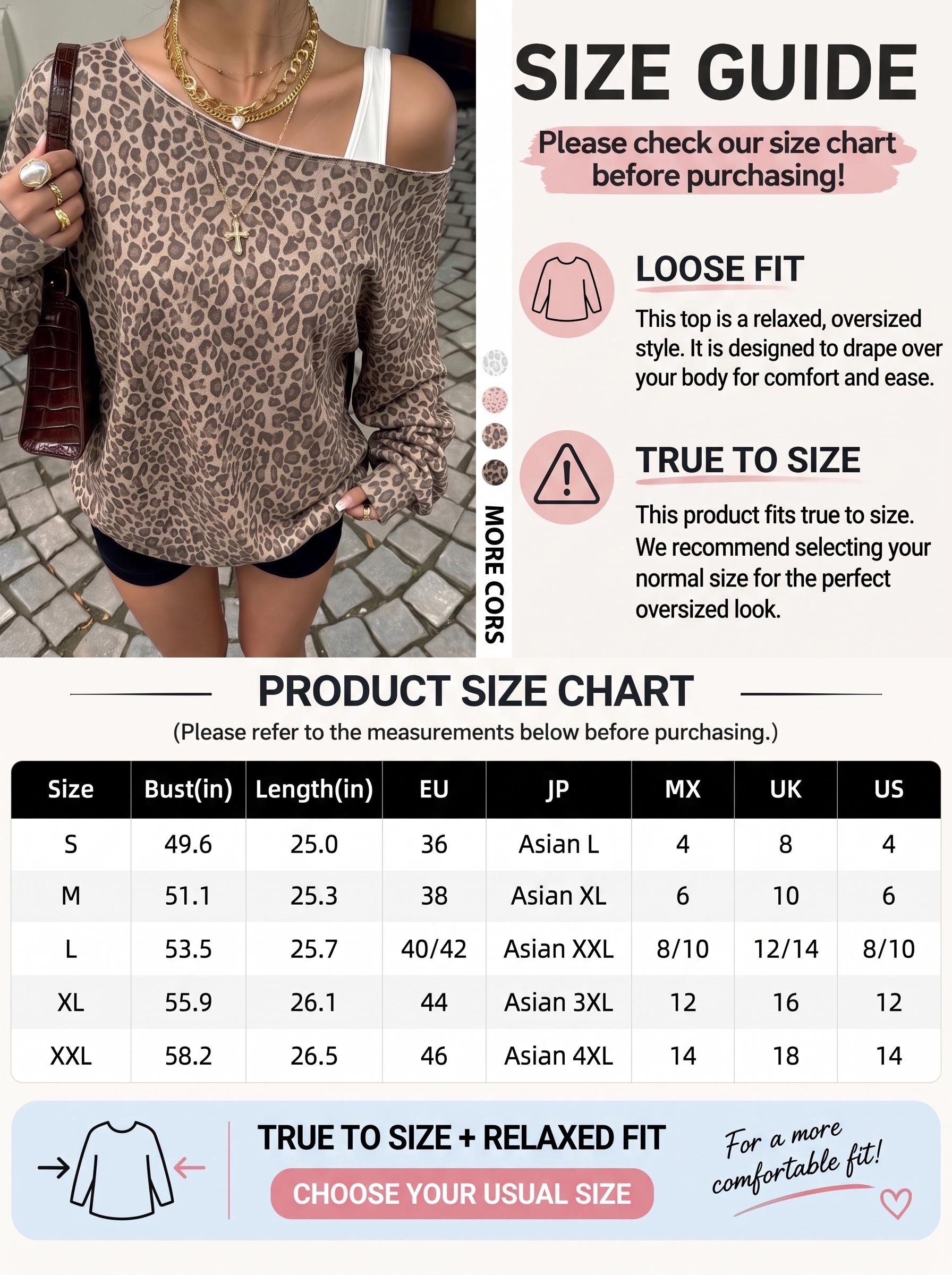 Women Off‑Shoulder Oversized Long Sleeve Sweatshirt, Light Brown Leopard Animal Print Slouchy Wide Neck Loose Fit Pullover, Y2K Grunge Streetwear Trendy Casual Fall Top #StreetwearOOTD Autumn Outfits Women