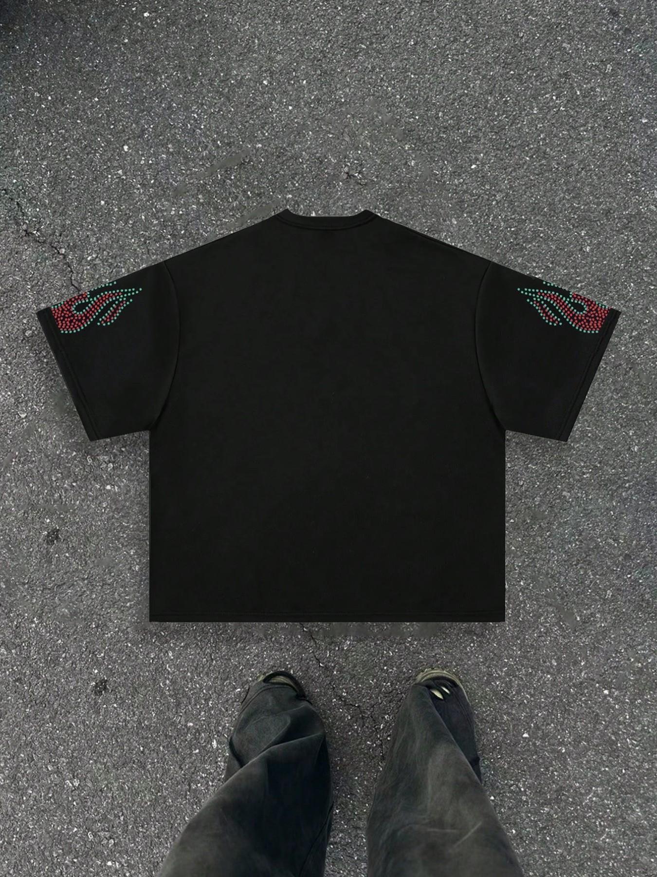 Adherent Loose Rhinestone T-Shirt, Round Neck, Face Print + Rhinestone Font, Soft Cotton Blend Fabric, Y2K Gothic Style, Casual, Daily Wear, Party, City Essential, Streetwear, Menswear