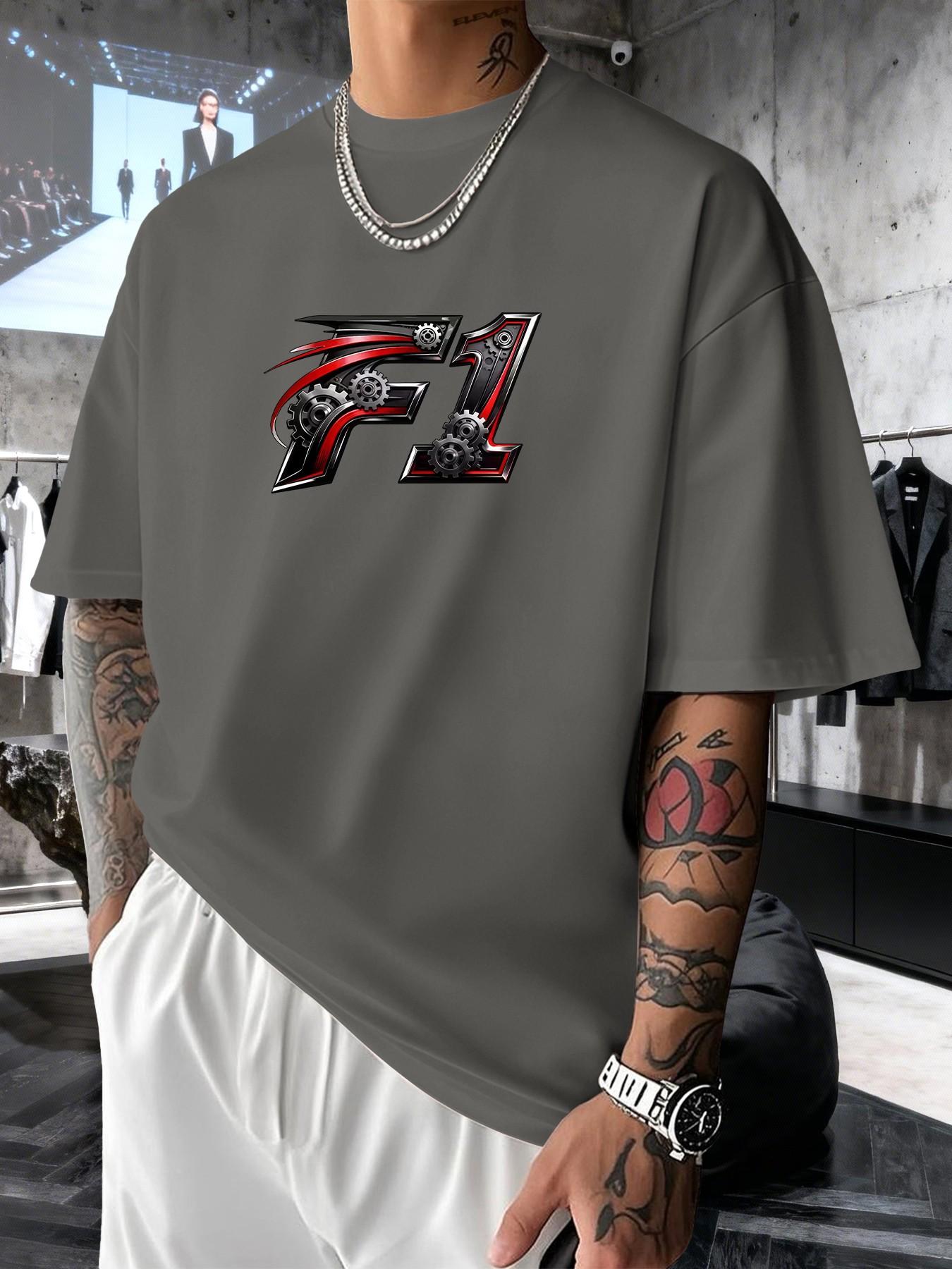 Mechanical Gear F1 Print Men's Trendy Graphic Streetwear Short Sleeve T-Shirt, Casual Slim-Fit Long Top for Spring Summer