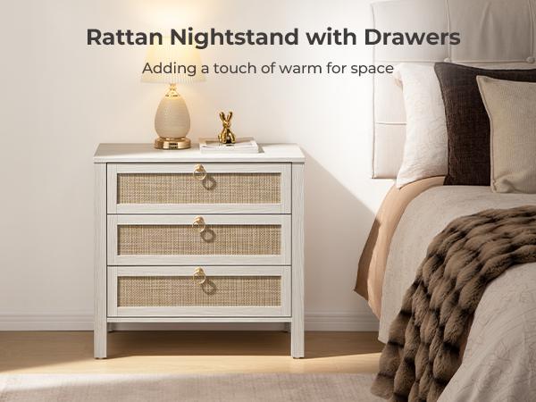 SICOTAS Nightstand Set of 2 - 15.2" x 17.7" x 23.6" Size Elegant Rattan Decor Drawer with Brass Knobs Night Stand Engineered Wood Bedside Table Boho End Tables Side Tables with Storage Shelf for Bedroom and Living Room SICOTAS Nightstand Set of 2 - 15.2" x 17.7" x 23.6" Size Elegant Rattan Decor Drawer with Brass Knobs Night Stand Engineered Wood Bedside Table Boho End Tables Side Tables with Storage Shelf for Bedroom and Living Room