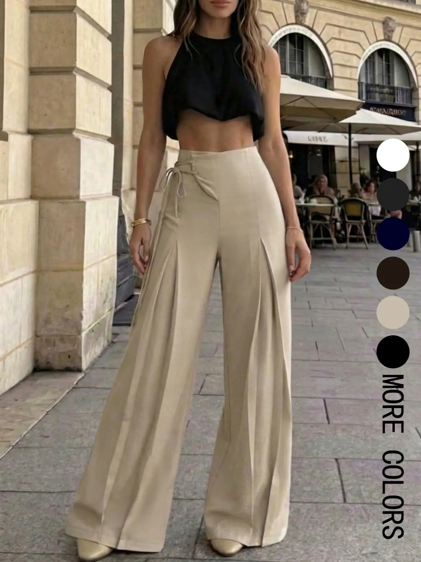 Women's Elegant Chic High-Waist Wide-Leg Pants, Casual Summer Long Pants, Loose Fit Retro Style Plain Bottoms