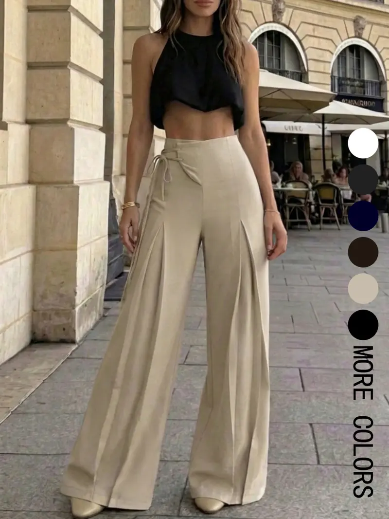 Women's Elegant Chic High-Waist Wide-Leg Pants, Casual Summer Long Pants, Loose Fit Retro Style Plain Bottoms