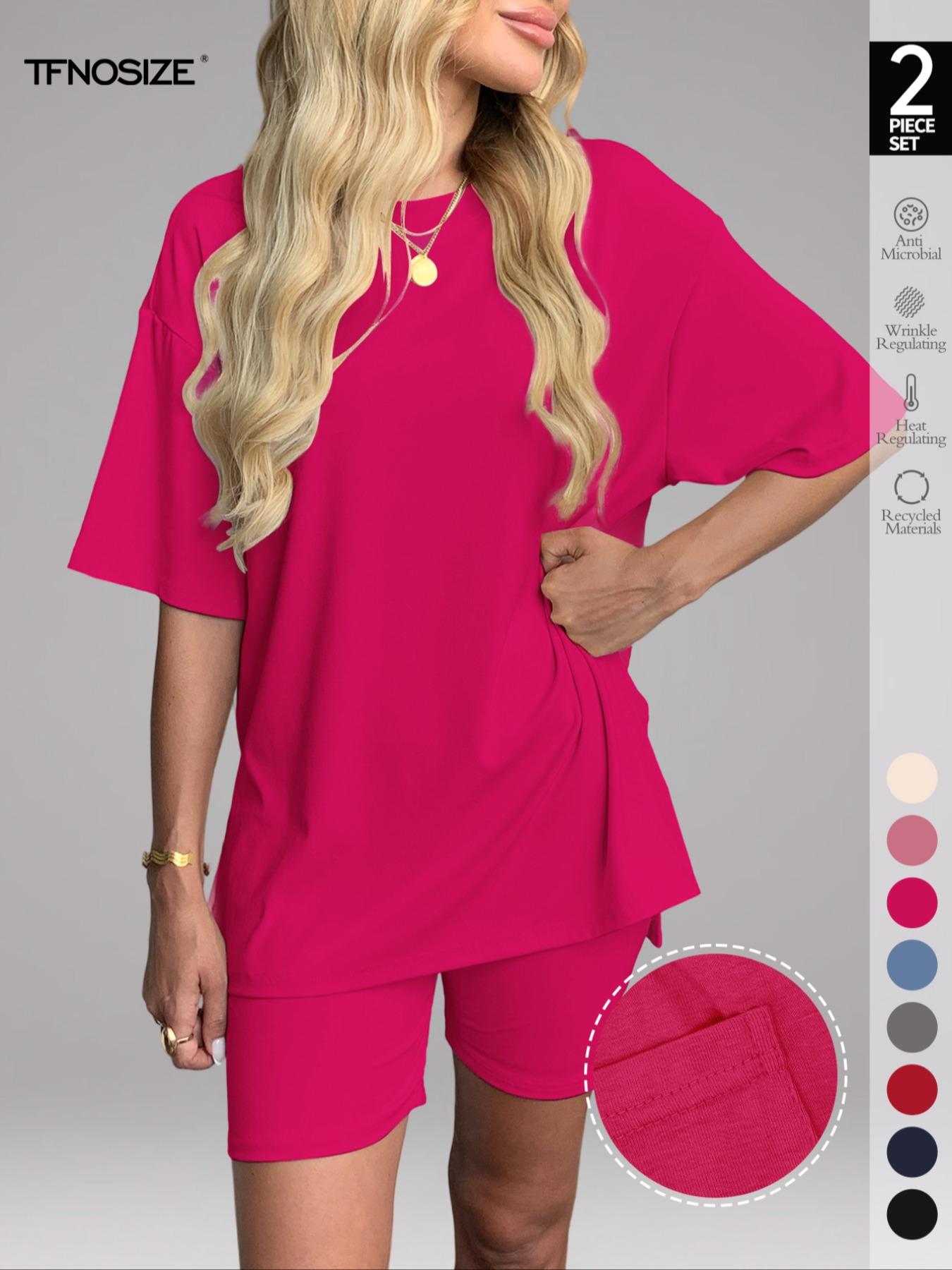 Women's Solid Color Tee & Skinny Shorts Loungewear Set, Fashion Casual Comfy Round Neck T-shirt & Shorts PJ Set, Ladies Sleepwear for Summer, Pajama, Soft Lounge Sets, comfyessentials, giftideas,summersale,pjs,nightwear,sleepwearfashion