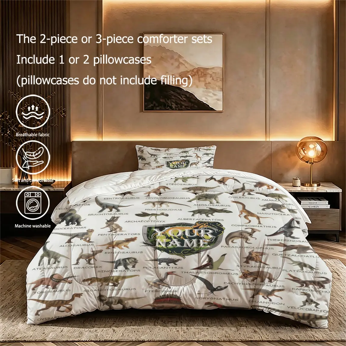 2/3pcs (1 comforter + 2 pillowcases) Custom Name Dinosaur Pattern Bedding Set, Bed Cover Set, Premium Microfiber Fabric, Soft Lightweight & Breathable, Fade Resistant, Machine Washable, All Season Use, Ideal for Bedroom Dorm Home Decor