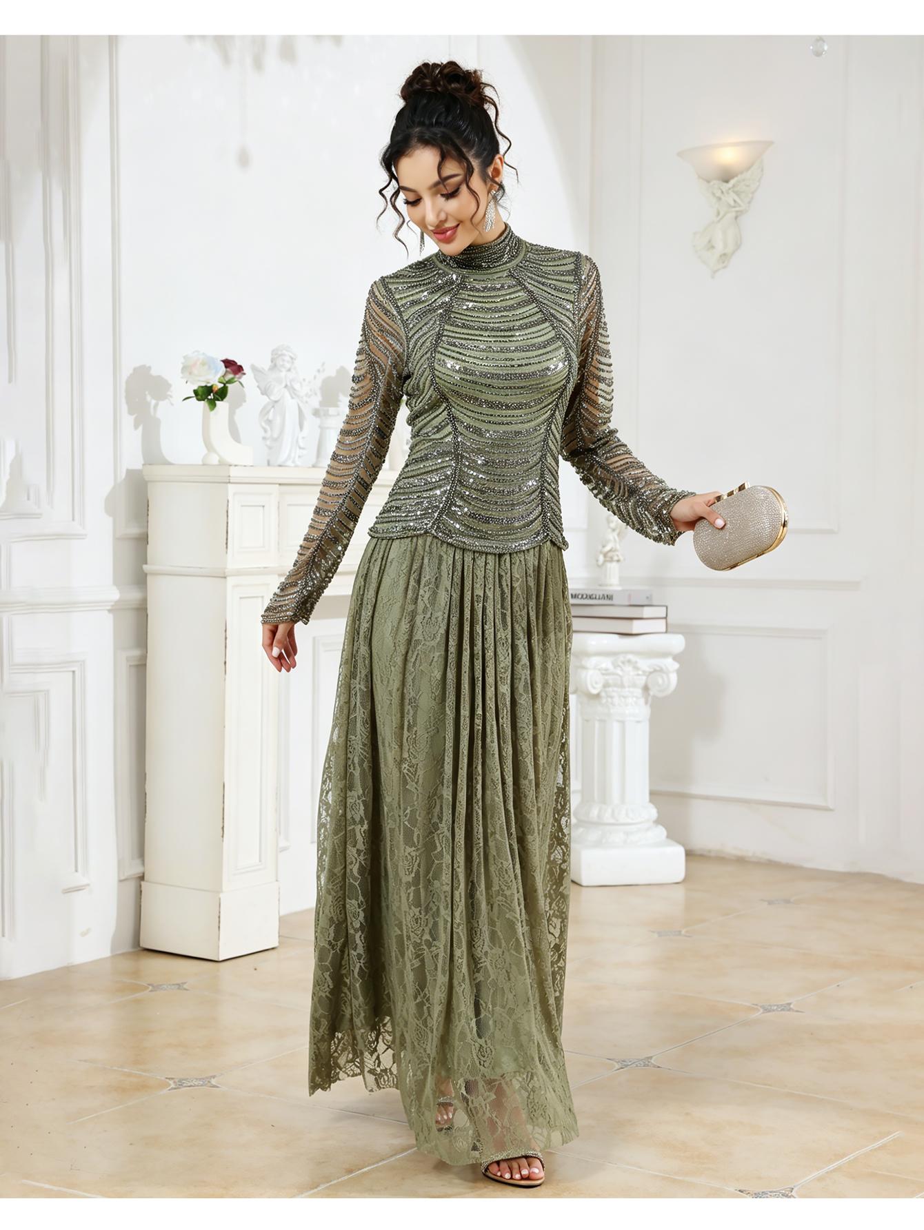 Women's Sheer Long Sleeve Maxi Dress, Floral Lace Embellished Elegant Evening Gown, Perfect for Wedding and Graduation, Festival Wear