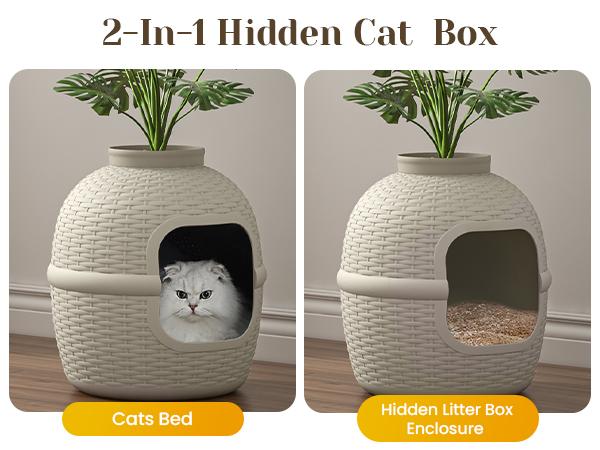 RoyalCraft Hidden Litter Box with Faux Plant, Large Cat Litter Box with Rattan Pattern, Heavy Duty PP Material Litter Box Enclosure Furniture for Home Decor