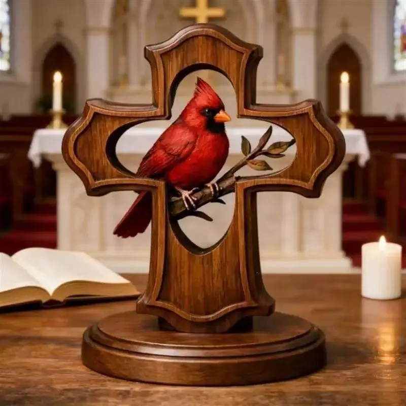 Wooden Cross with Cardinal Bird Statue, Hand Carved Religious Decor, Perfect for Home, Church, Prayer Corner, Christian Gift, Retro Farmhouse Style