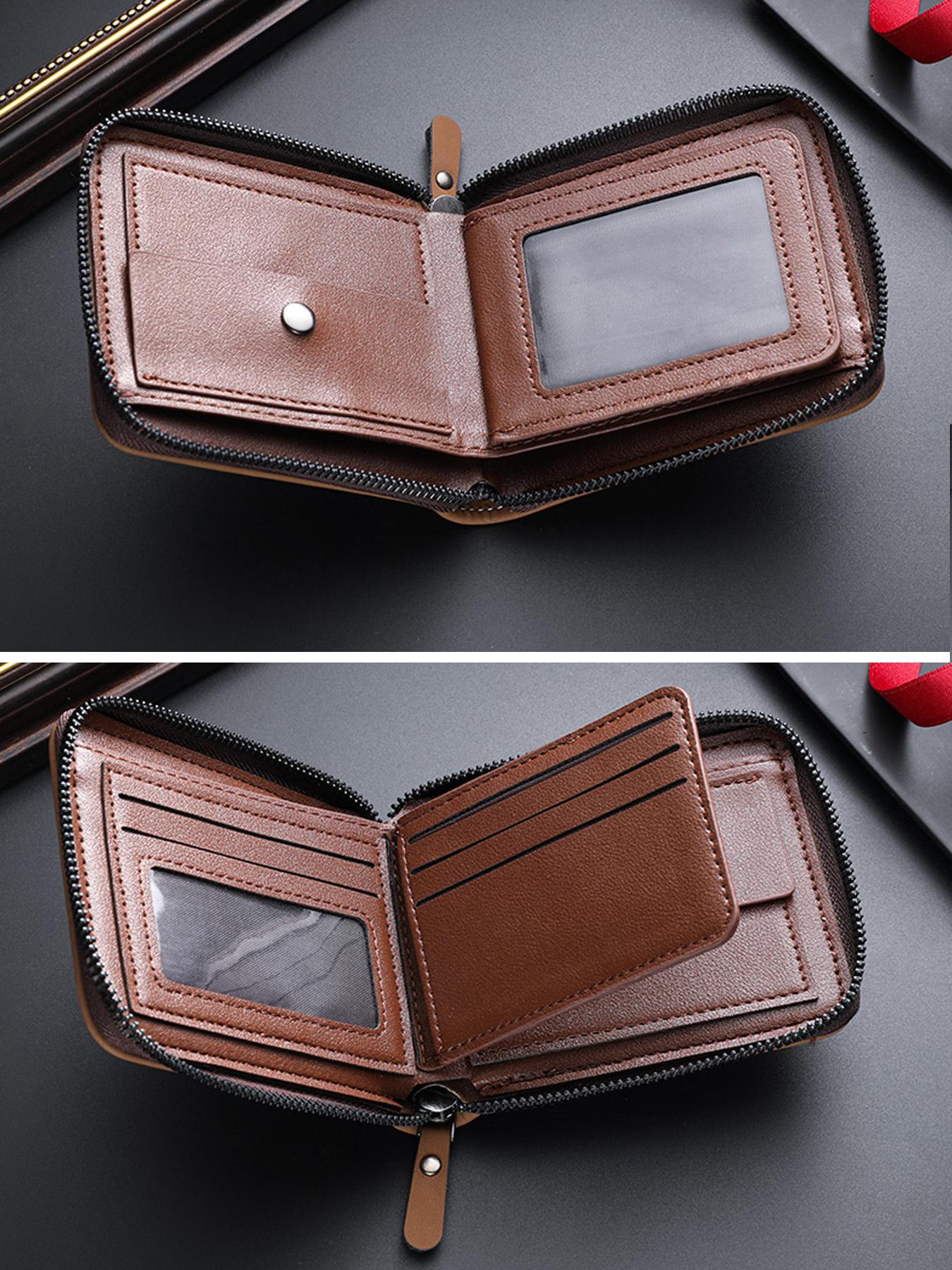 Men's PU Zipper Wallet, Business Fashion Wallet, Durable Fashion Wallet, Rfid Secure, Rfid Blocking Bifold Wallet, Large Capacity, Double Fold Design, Multi-Card Slots, Coin Purse & Credit Card Holder