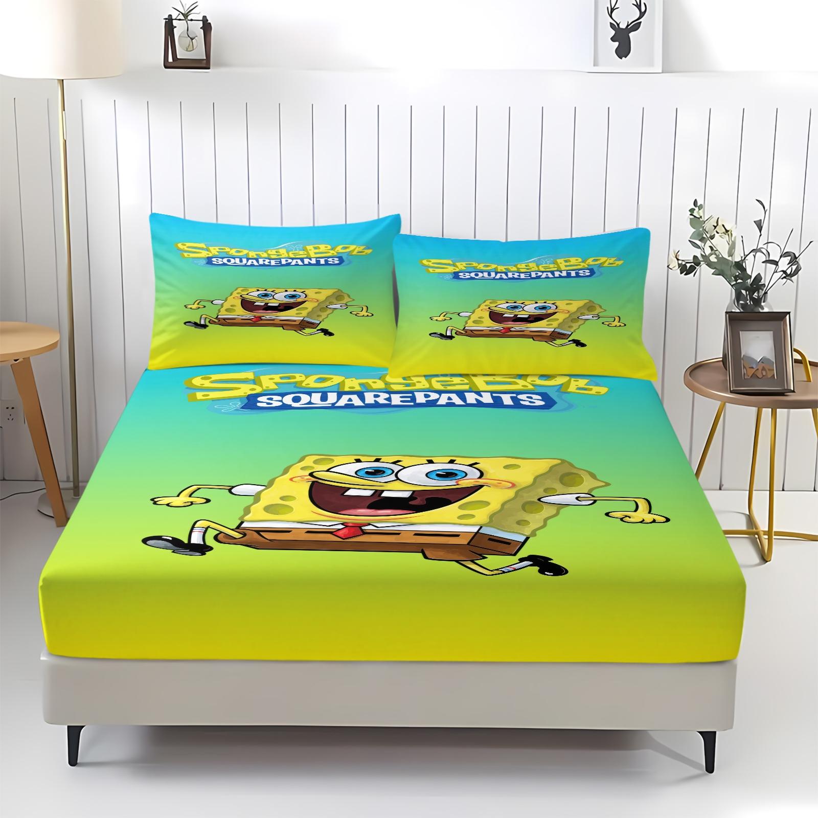 3 Piece Spongebob Pattern Fitted Sheet Set, Soft And Durable Bedding Set Includes 1 Piece Flat Sheet And 2 Pieces Pillowcases, Daily Holiday Birthday Gift Bedroom Decorations For Kids And Adults