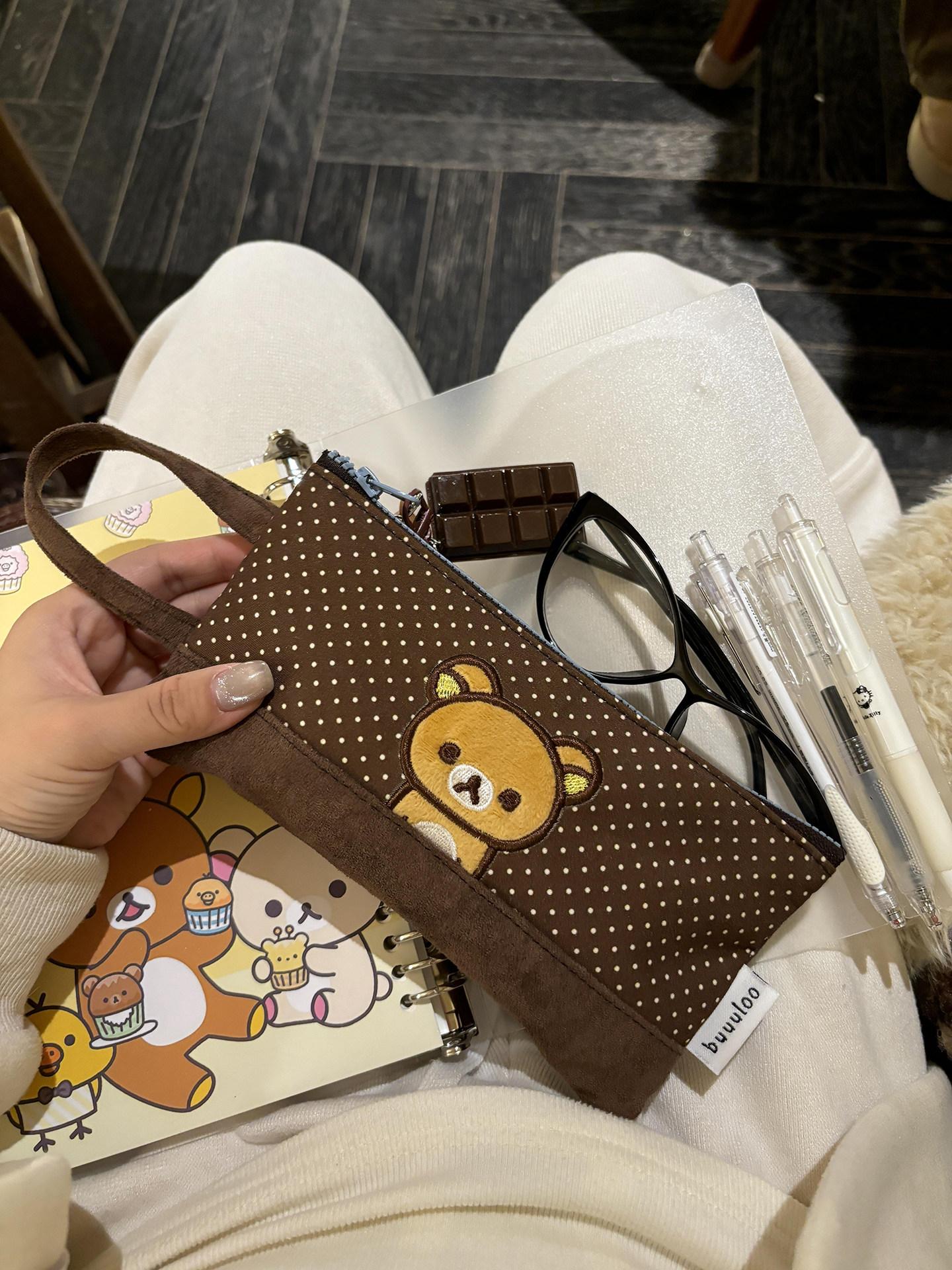 Buuuloo Original Embroidered Rilakkuma Pencil Case Large Capacity Polka Dot Ins Style Kawaii For Teen Girls High School Students