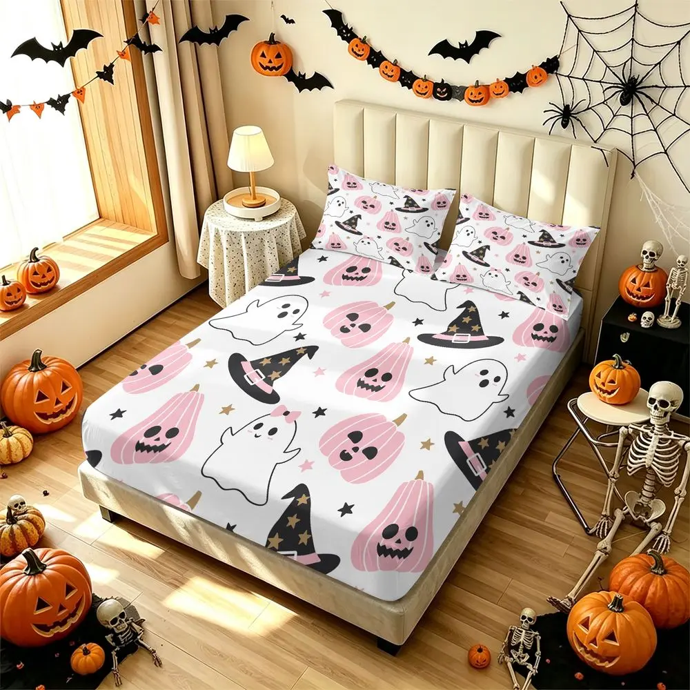 3Pcs Pink Halloween Fitted Sheet Set, Cute Ghost and Pumpkin Bed Sheets Set, Soft Aesthetic Bedding Set for Kids Room Decor, Cozy Holiday Home Textile No Fillers