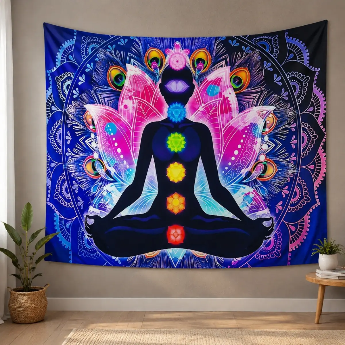 Colorful Chakra Mandala Tapestry, Meditation Yoga Wall Hanging Decor, Bohemian Spiritual Wall Art with 7 Chakra Design for Bedroom Living Room Dorm Room Home Decoration