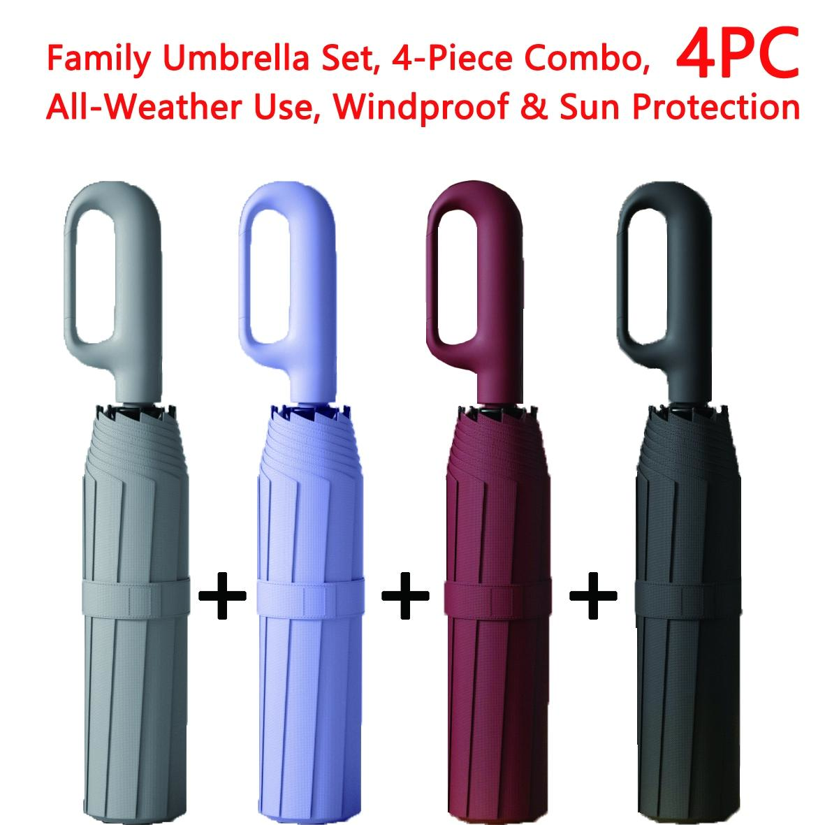 Creative Ring Handle 10k Dual Bone Rain Umbrella Set, Windproof Waterproof, Portable Design, Automatic Opening, Four-Piece Combination, Folding Umbrella, Rainproof Umbrella