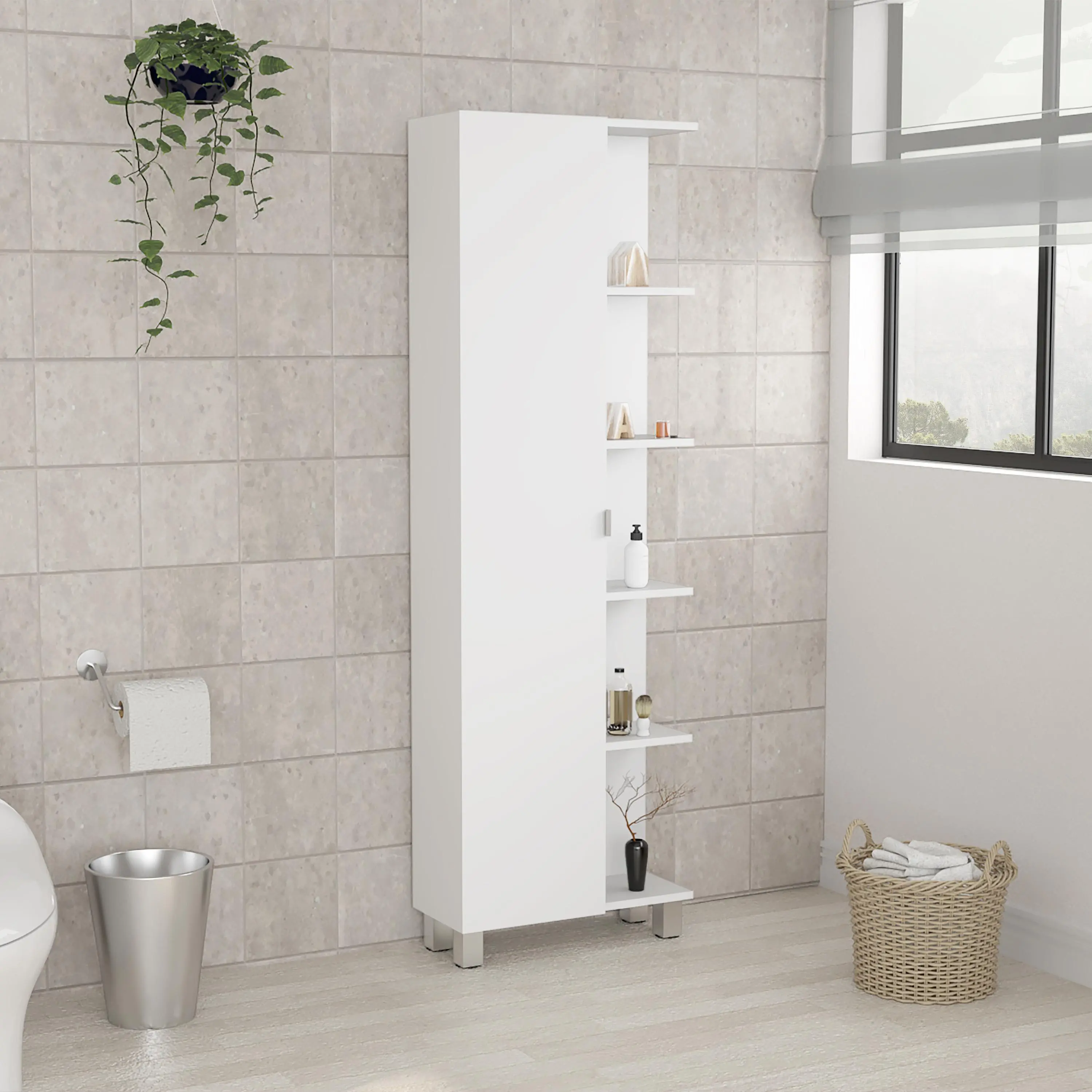 White Freestanding Bathroom Linen Tower Cabinet with 4 Open Shelves, 1 Door, 3 Adjustable Interior Shelves, 62.2 Inch Tall