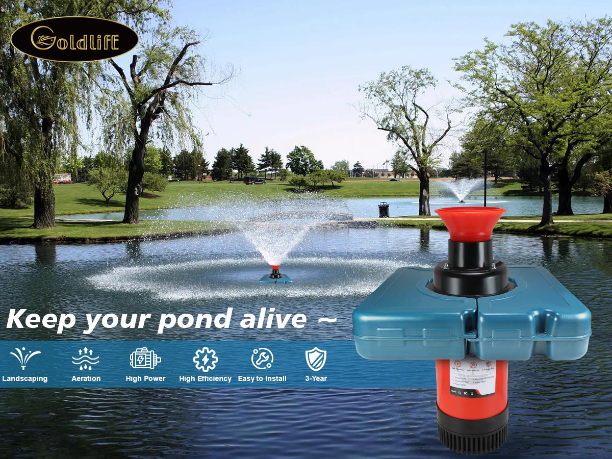 Goldlife Pond Fountain Aerator F1 Water Fountain Pump - 110V 1HP 750W 15000GPH, Without Light, 100FT Power Cord, V-Shaped Floating Pump, 2 Spraying Modes, 18" Deep Use for Outdoor Garden Lake Jet Systems,sohochic