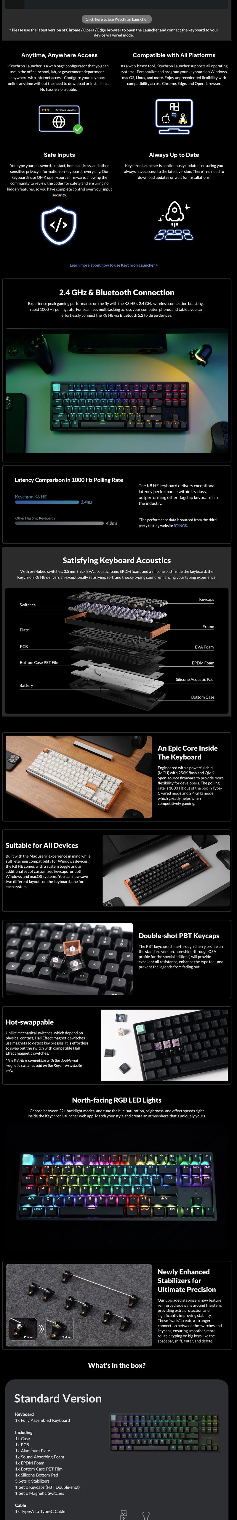 Keychron K8 HE 80% Wireless Mechanical Keyboard – RGB, Hall Effect Magnetic Switch, Rapid Trigger, QMK, Aluminum-Wood Frame, Mac/Win/Linux