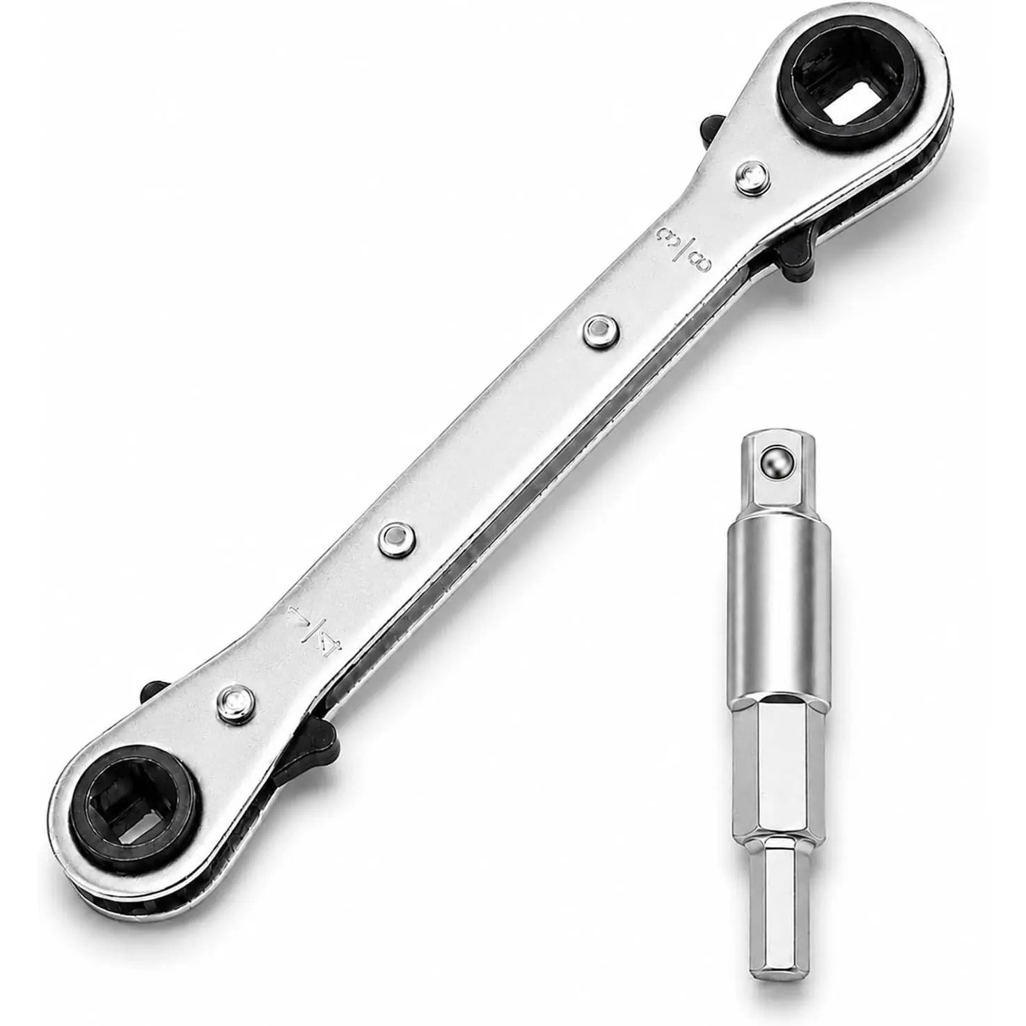 4-in-1 HVAC Service Wrench with Adapter for A/C Mini Split Repair Work | Reversible Ratcheting Service Valve Tool for Refrigeration, 3/16”, 1/4”, 5/16”, 3/8” Square Openings