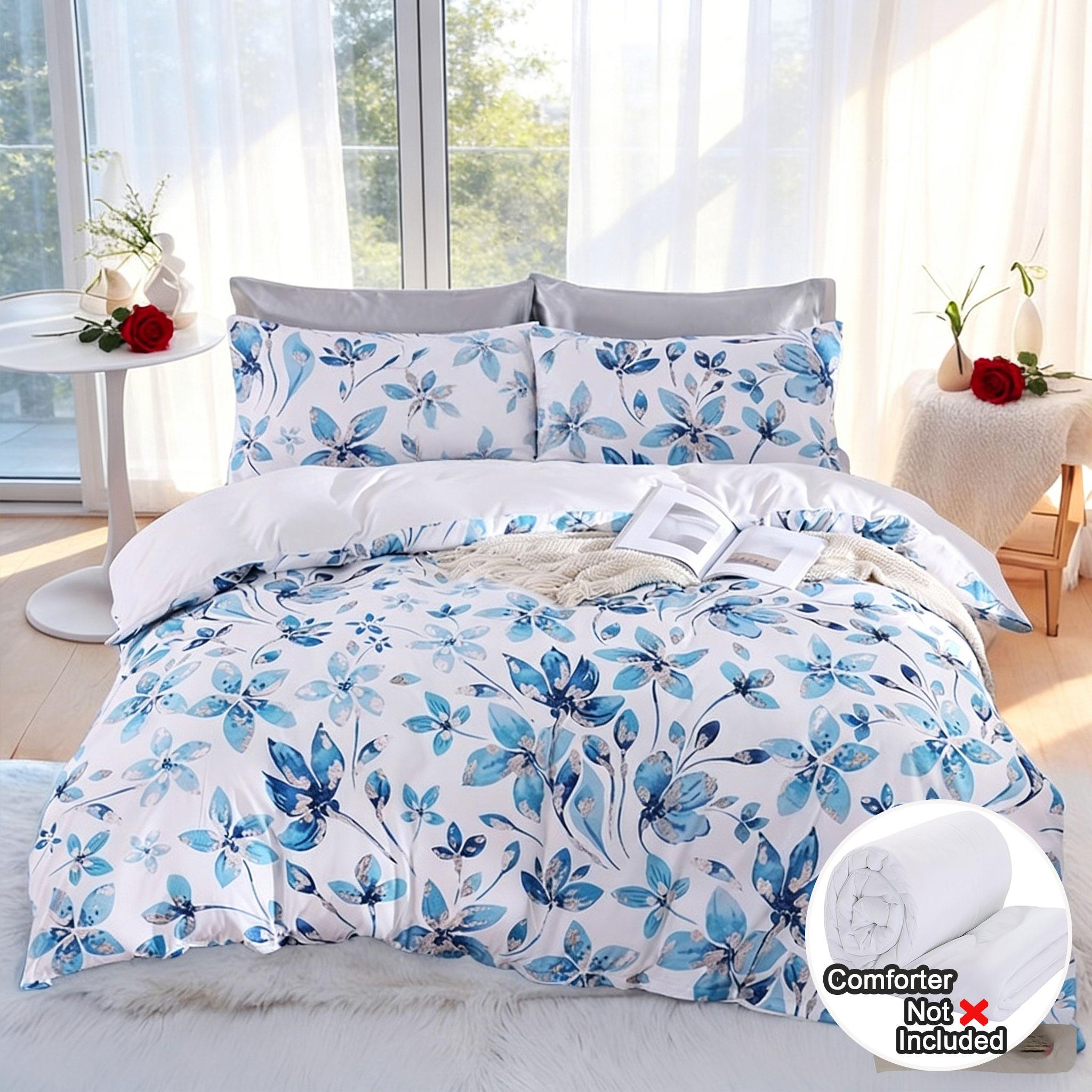 Elegant Blue Floral Print 3-Piece Duvet Cover Set, Includes 1 Duvet Cover + 2 Pillowcases (Without Insert), Elegant & Soft, Machine Washable for Easy Care