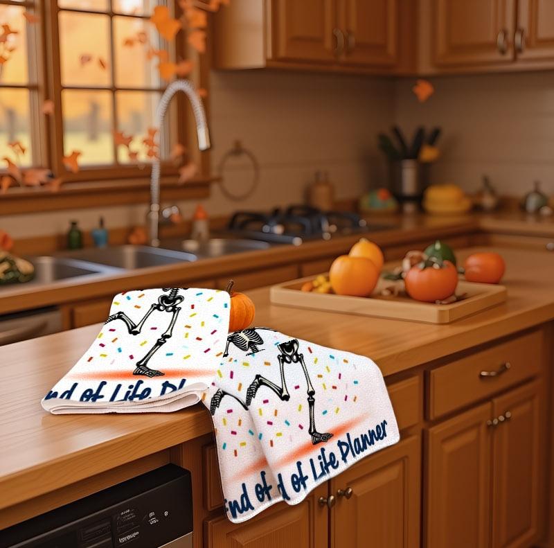 1/2/4/6pcs Kitchen Cleaning Cloth, Multiple Specs Available, Single - sided with Lighthearted Skeleton & Confetti Design, "I PUT the 'FUN' IN Funeral" & "End of Life Planner" Text, Ideal for Kitchen Cleaning, Durable & Practical Kitchen Helper