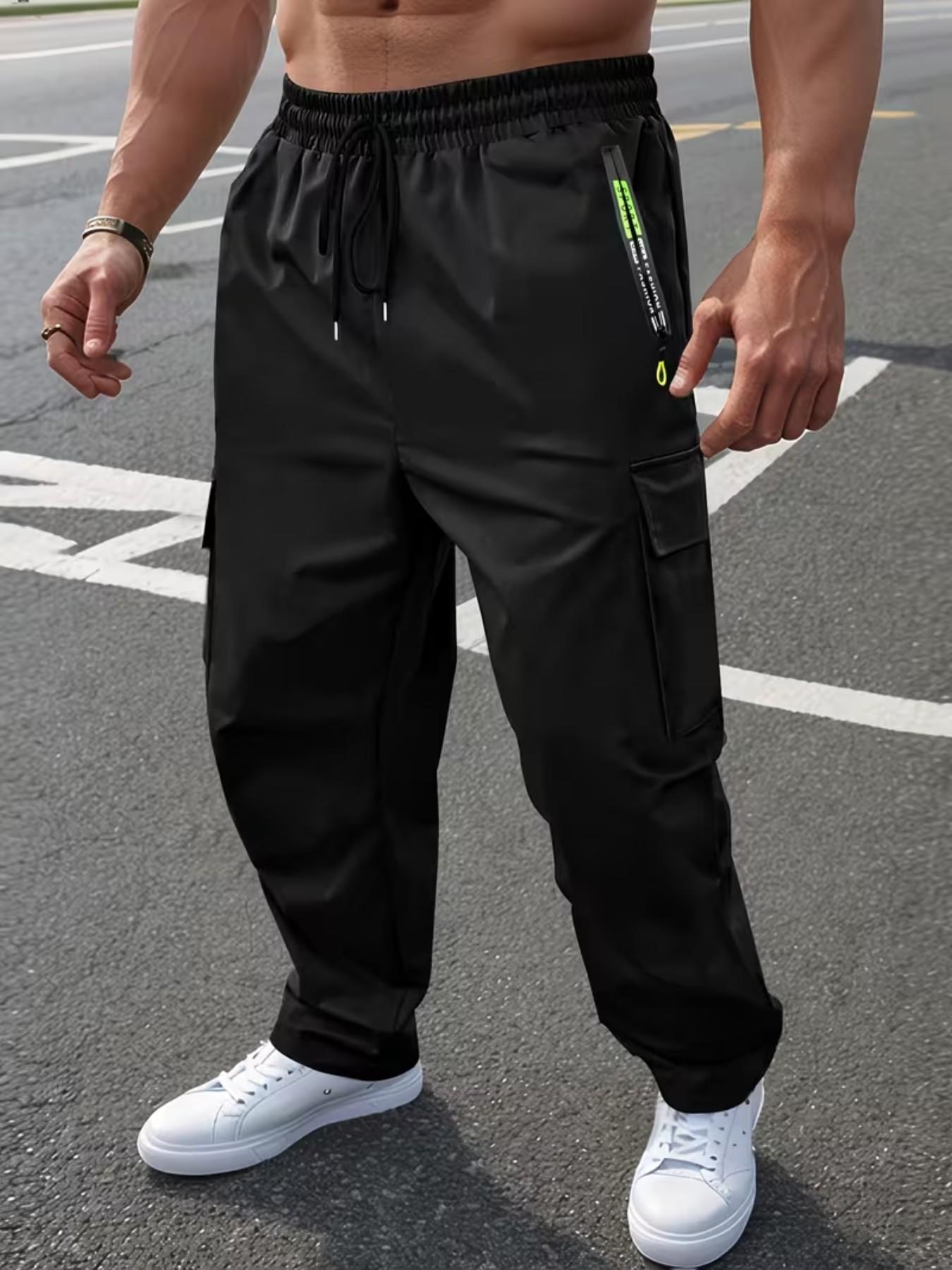 Men's Spring Summer Letter Zipper Pocket Cargo Pants, Fashion Large Patch Pockets, Drawstring Waist, Casual Outdoor Long Pants