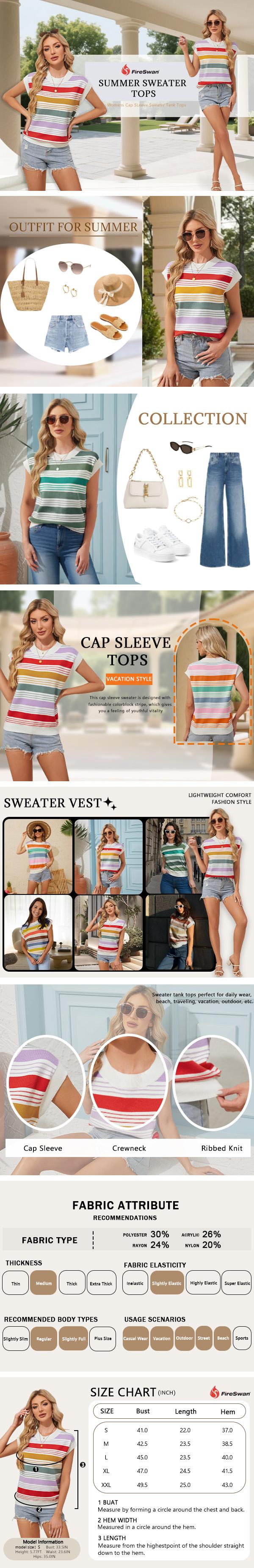 FireSwan Womens Summer Sweater Cap Sleeve Tops Striped Color Block Sweater Vest Crew Neck Casual Loose Knit Tank Top