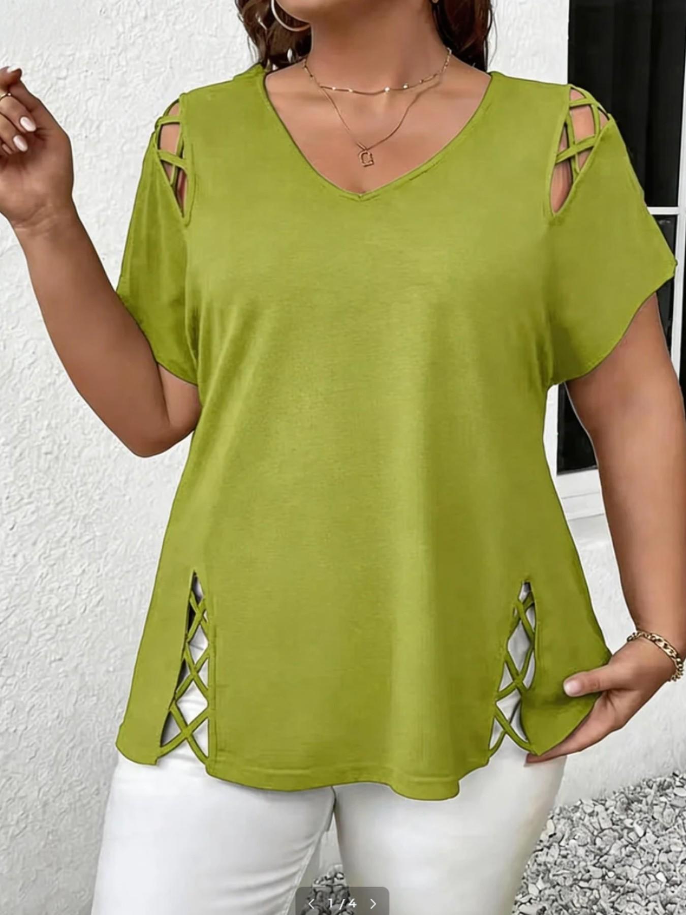 Women's V Neck Hollow Out Short Sleeve Top Blouse, Lightweight Loose Blouses, Loose Fit Basic Casual Summer Fashion, Comfortable Daily Wear Tee for Women Womenswear