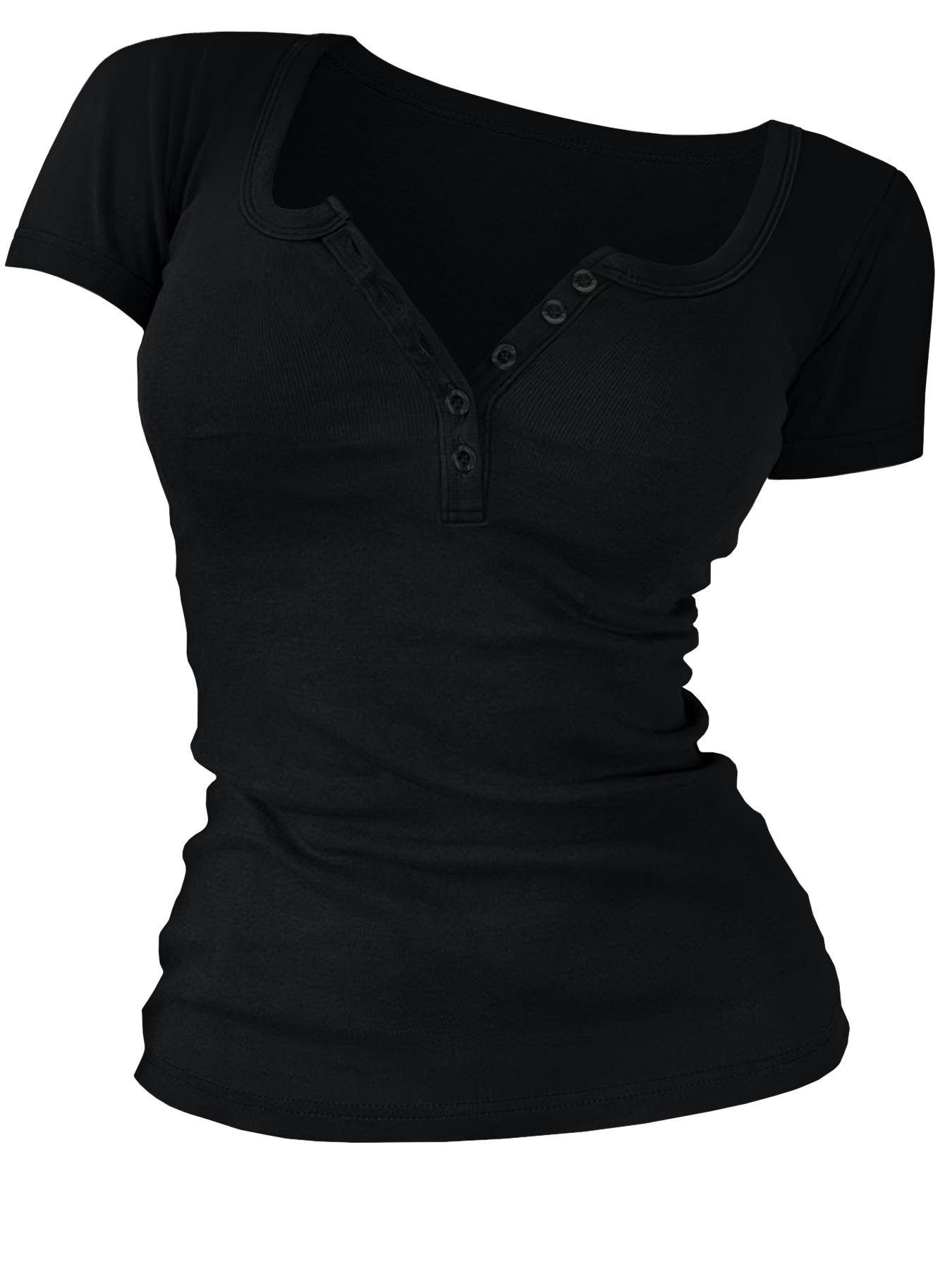 Women's Solid Color Plain Buttons V Neck Tee, Casual Women's Short-Sleeve T-shirt For Summer, Ladies Basic Clothes for Daily Wear, TikTok Trending T-shirt Women