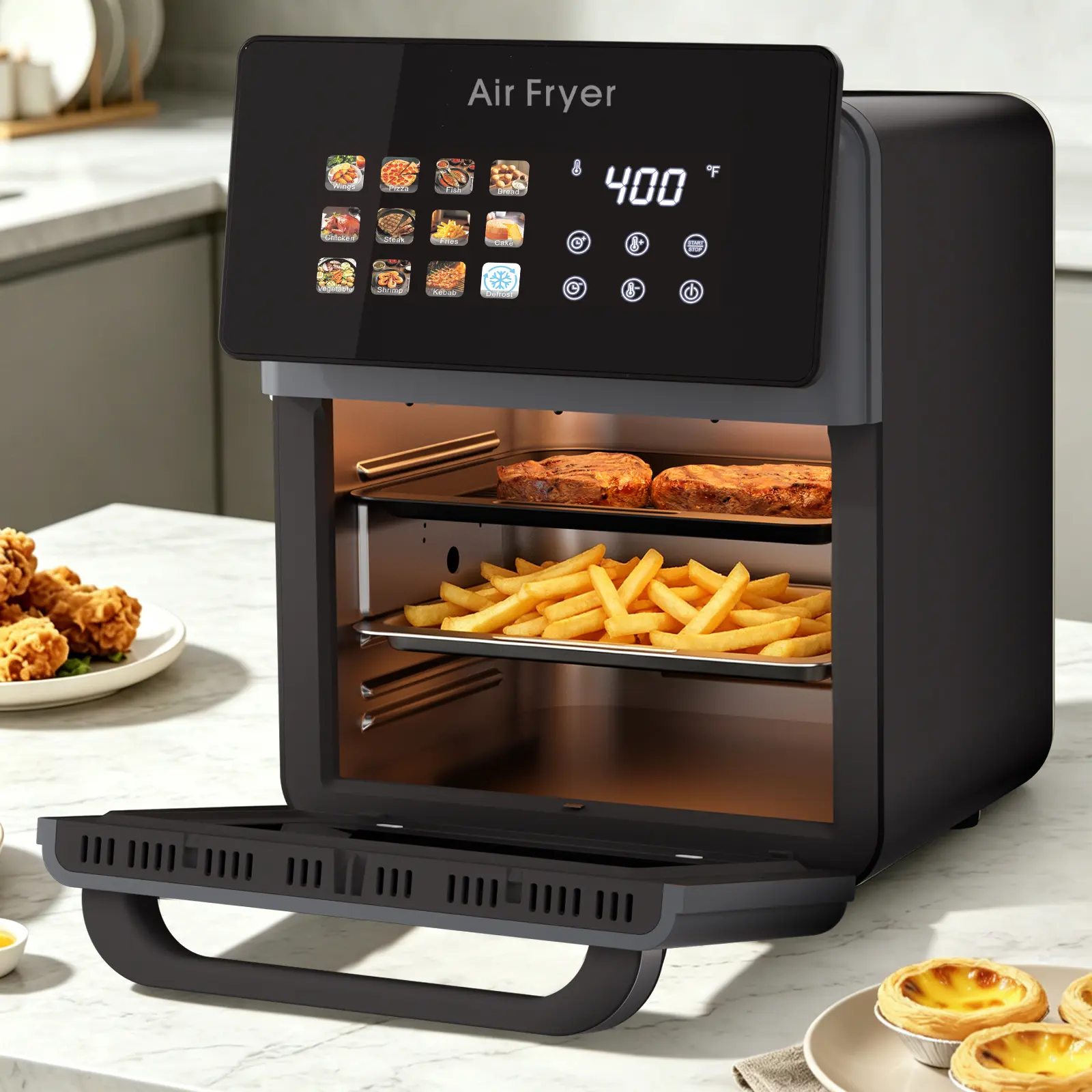 10QT Large Air Fryer Oven For Kitchen Countertop Use, Smart Convection Ovens,AirFryer With Glass View Window,12 Cooking Modes,Fryer Liners,Removable Door-Black