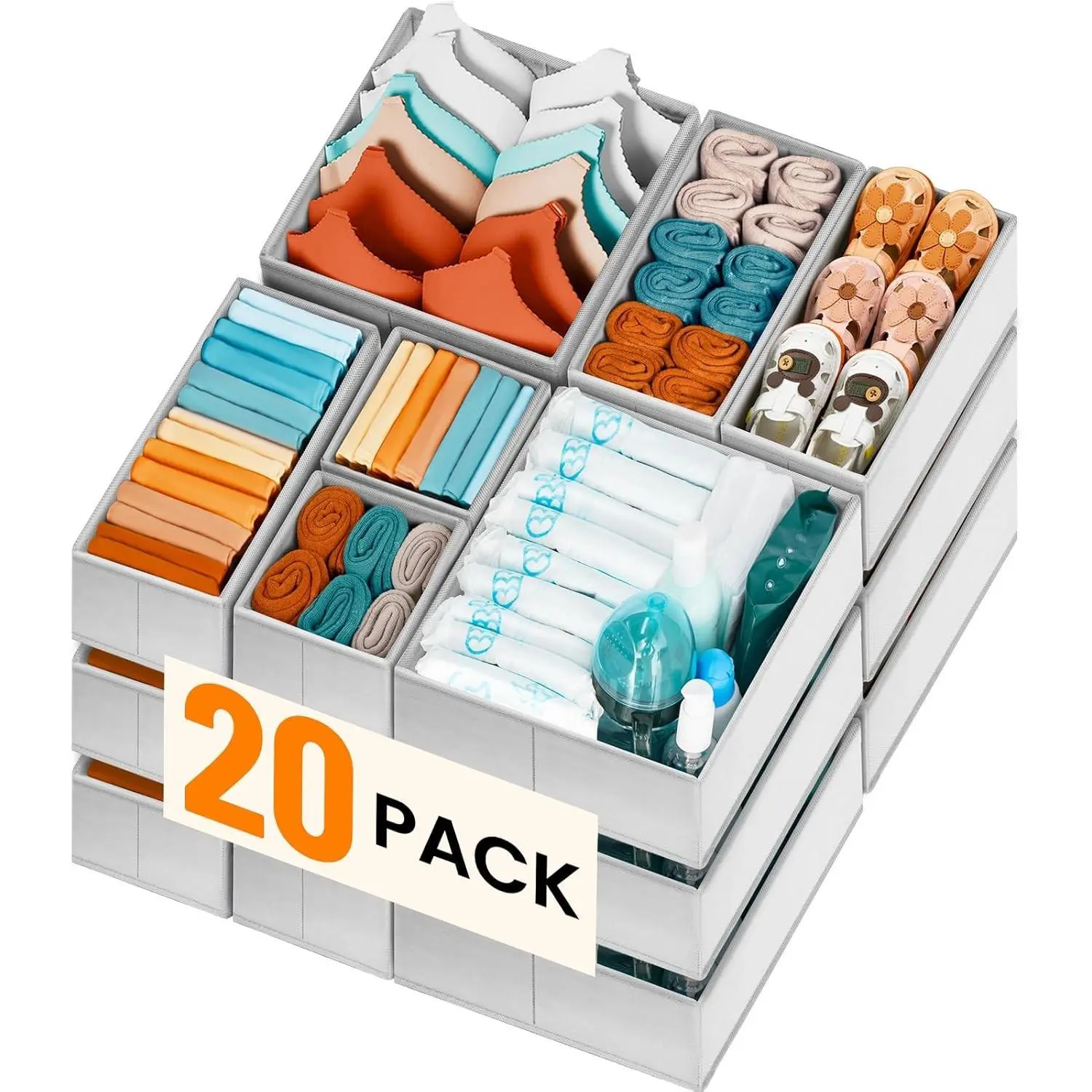 【FAMILY PACK】Drawer Organizer Clothes, 20 Pack Dresser Organizer Bins for Baby Clothes - Underwear Bra Sock Organizer - Fabric Closet Organization and Storage Dividers for Nursery Bedroom Dorm