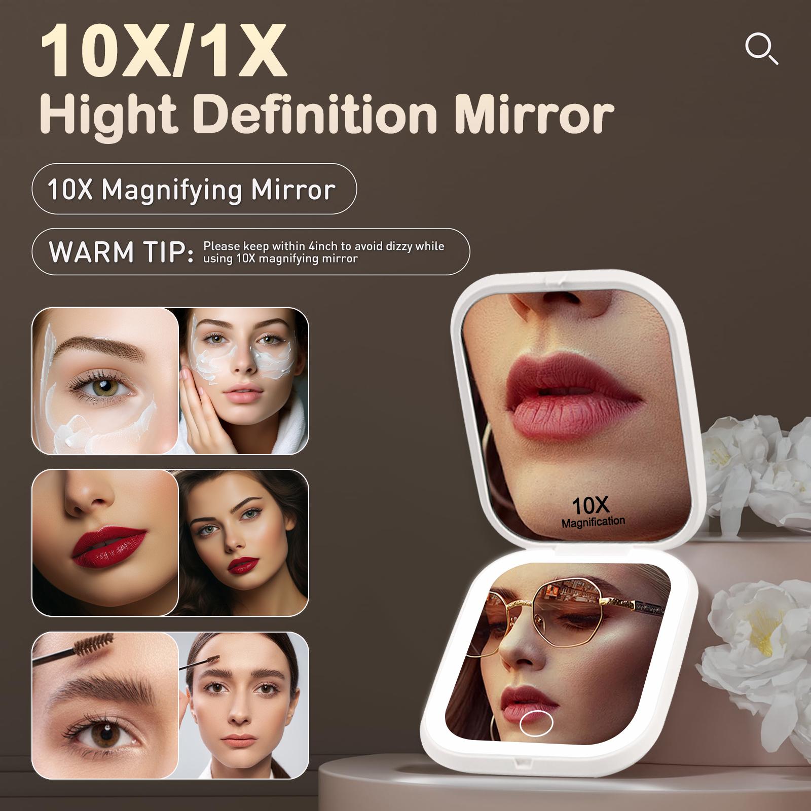 LED Compact Makeup Mirror with 10X/1X Magnification – 3-Color Light Travel Portable Mirror for Pocket & Purse – Rechargeable Dimmable Dual-Sided Vanity Mirror – Birthday & Christmas Gift for Women