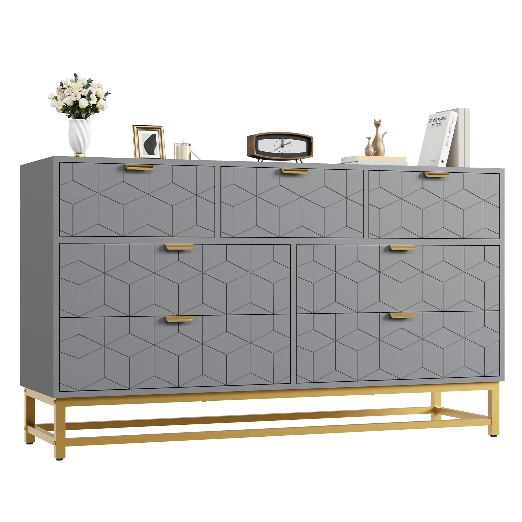 GARVEE Modern Rectangular Dresser Chest - 53.5" Wide Grey Organizer with 7 Drawers, Golden Handles, Golden Metal Legs, Ideal for Bedroom, Closet, Entryway Storage