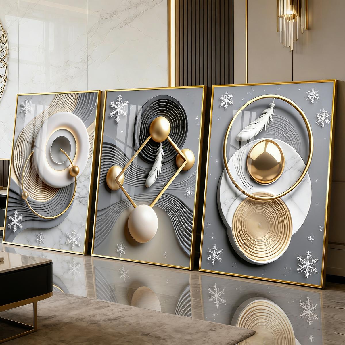 3 Counts Aluminum Alloy Framed Painting, Abstract Geometric Gold Feather Art Pictures, Home Decoration For Living Room, Bedroom, Office, Restaurant, Hallway Wall Decor, Odorless Print Artwork, Luxury Perfect Gift For Friends And Family