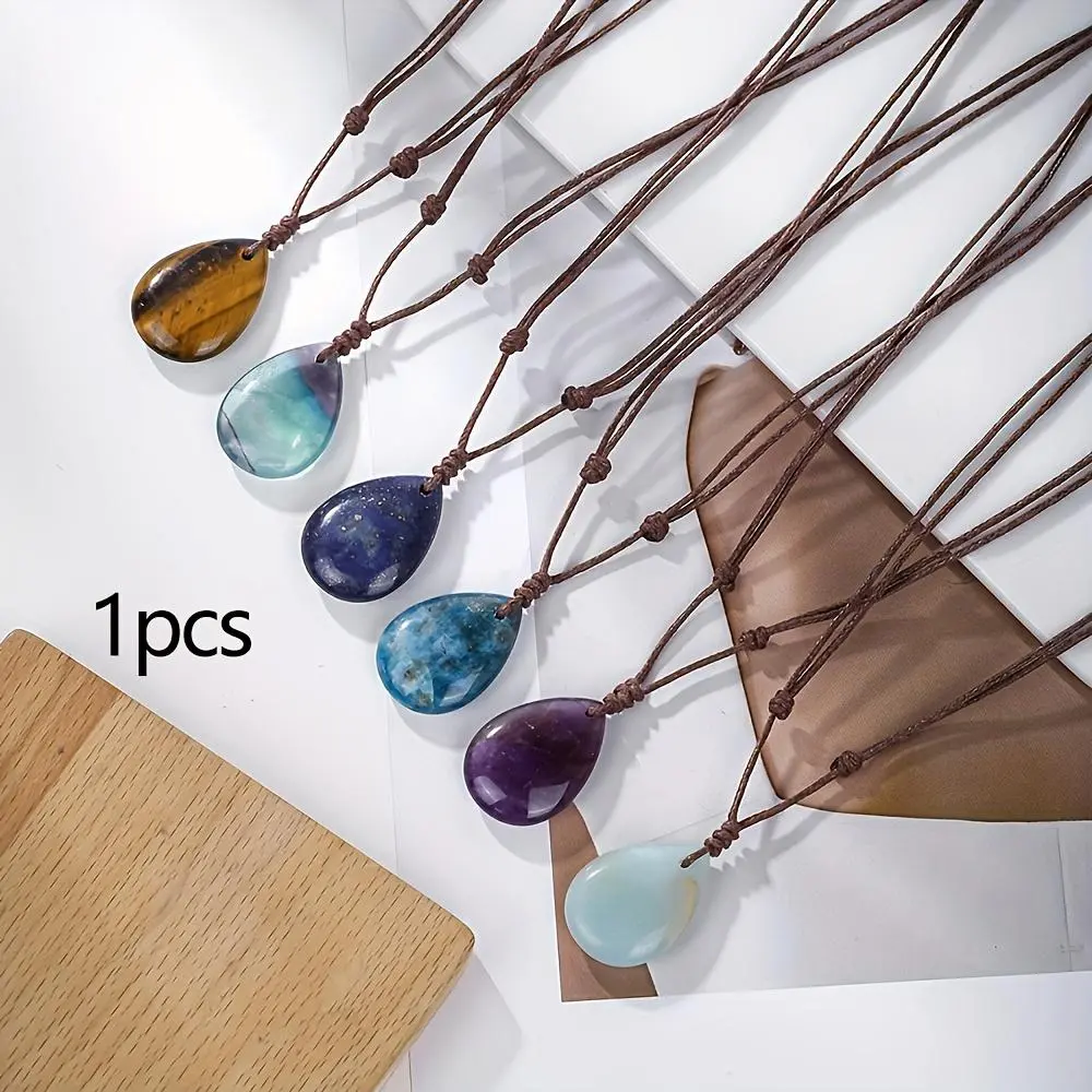 1pc Natural Stone Amethyst Lapis Lazuli Hand-woven Drop Pendant Necklace, Circle Circumference Is Adjustable, Jewelry for Friends Party and Holiday Gifts