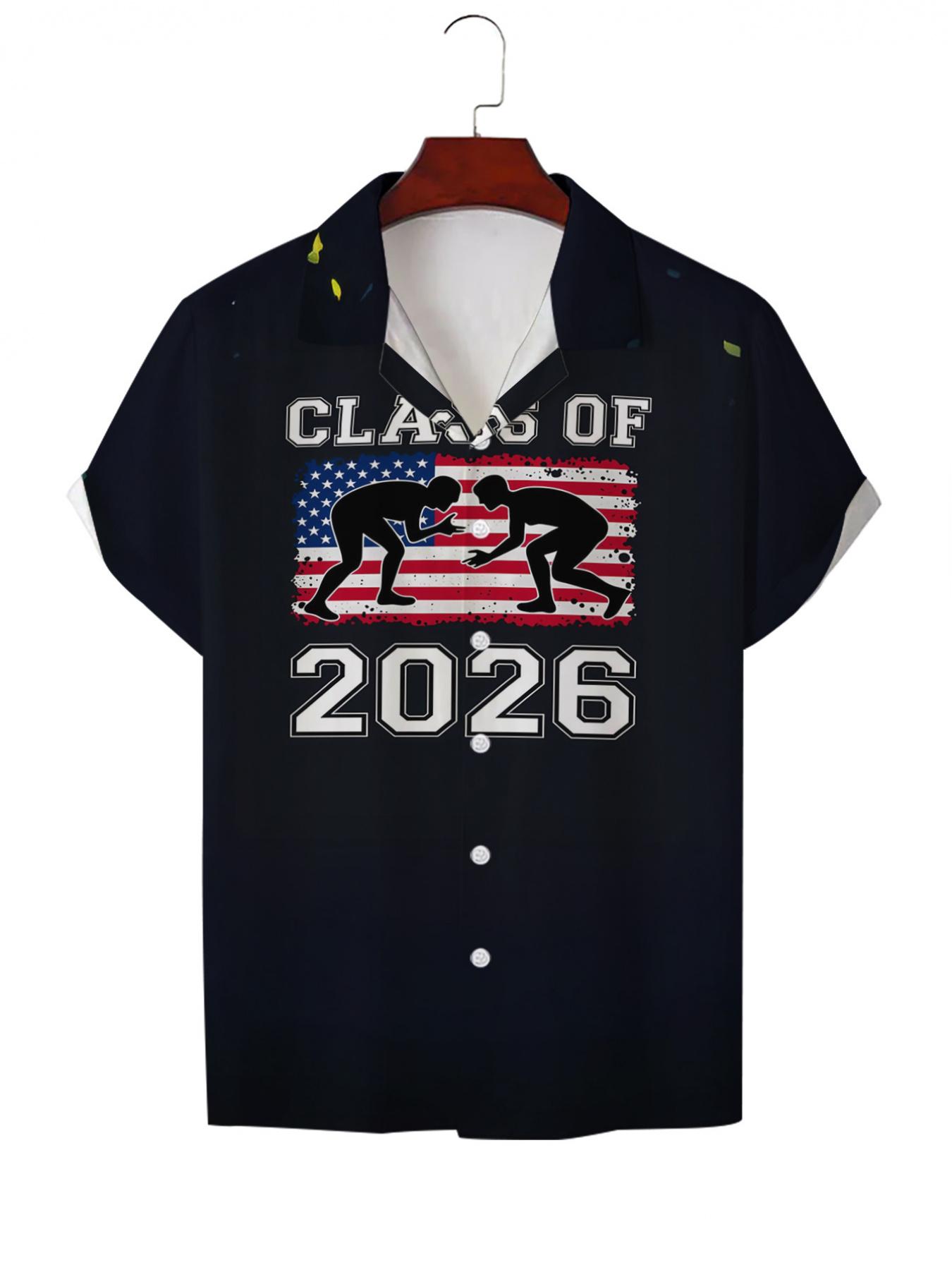 Men's Hawaiian Shirt - Flat Digital Print Pattern - No Texture - Wrestling Graduation Class 2026 American Flag, Fashionable and Simple Short Sleeve, Buttoned, Casual Collar Shirt, Stylish and Versatile, Suitable for Dates, Beach Vacations, a Perfect Gift